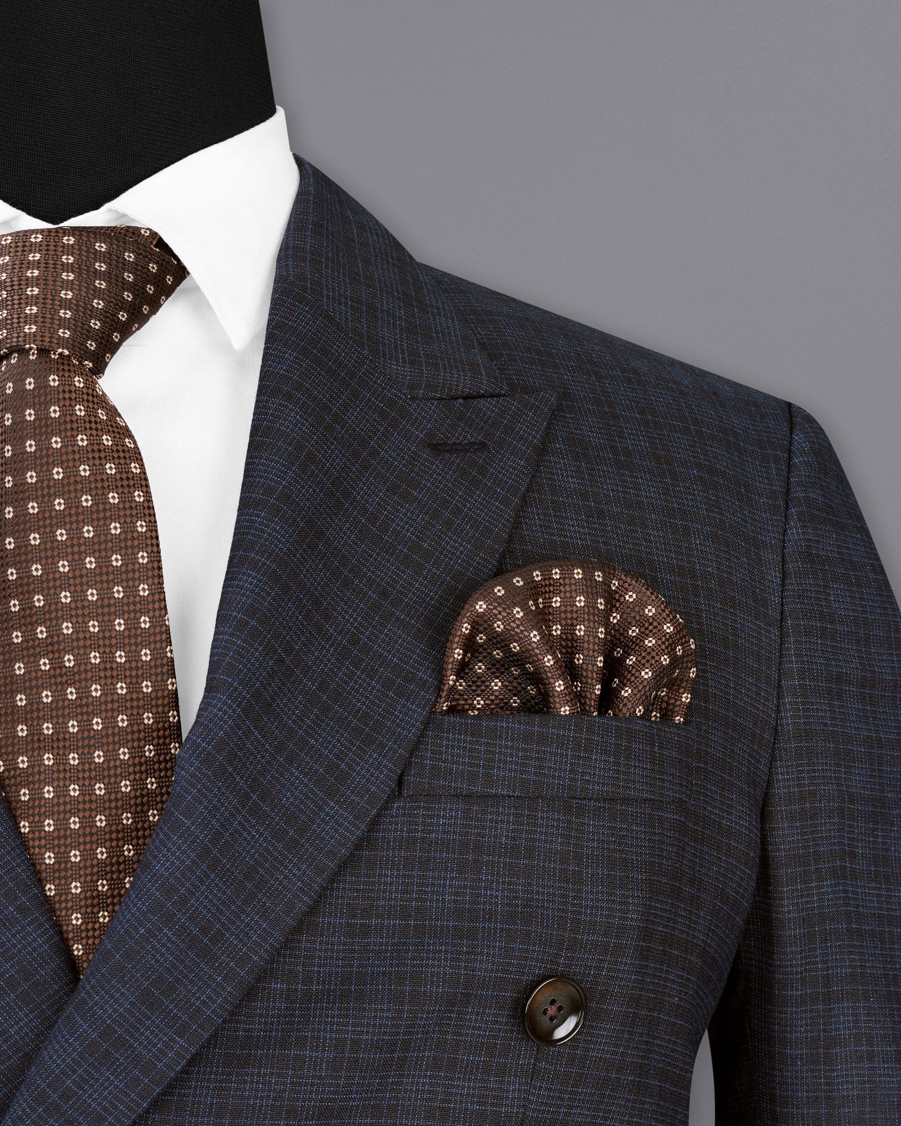 Ebony Clay Gray and Metallic Blue Plaid Double-Breasted Blazer BL1939-DB-36,BL1939-DB-38,BL1939-DB-40,BL1939-DB-42,BL1939-DB-44,BL1939-DB-46,BL1939-DB-48,BL1939-DB-50,BL1939-DB-52,BL1939-DB-54,BL1939-DB-56,BL1939-DB-58,BL1939-DB-60