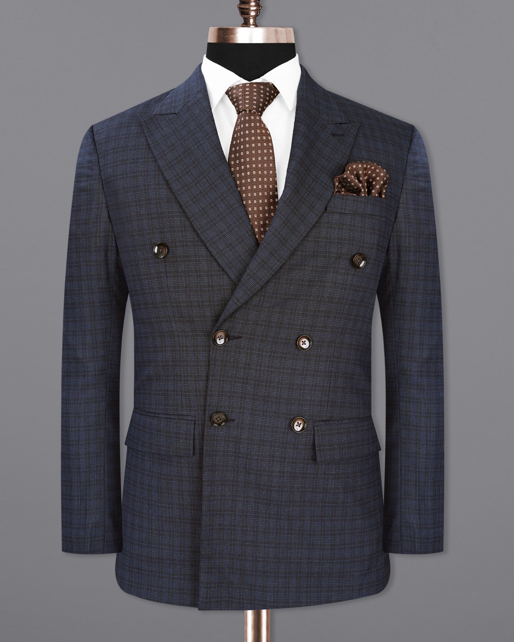 Ebony Clay Gray and Metallic Blue Plaid Double-Breasted Blazer BL1939-DB-36,BL1939-DB-38,BL1939-DB-40,BL1939-DB-42,BL1939-DB-44,BL1939-DB-46,BL1939-DB-48,BL1939-DB-50,BL1939-DB-52,BL1939-DB-54,BL1939-DB-56,BL1939-DB-58,BL1939-DB-60