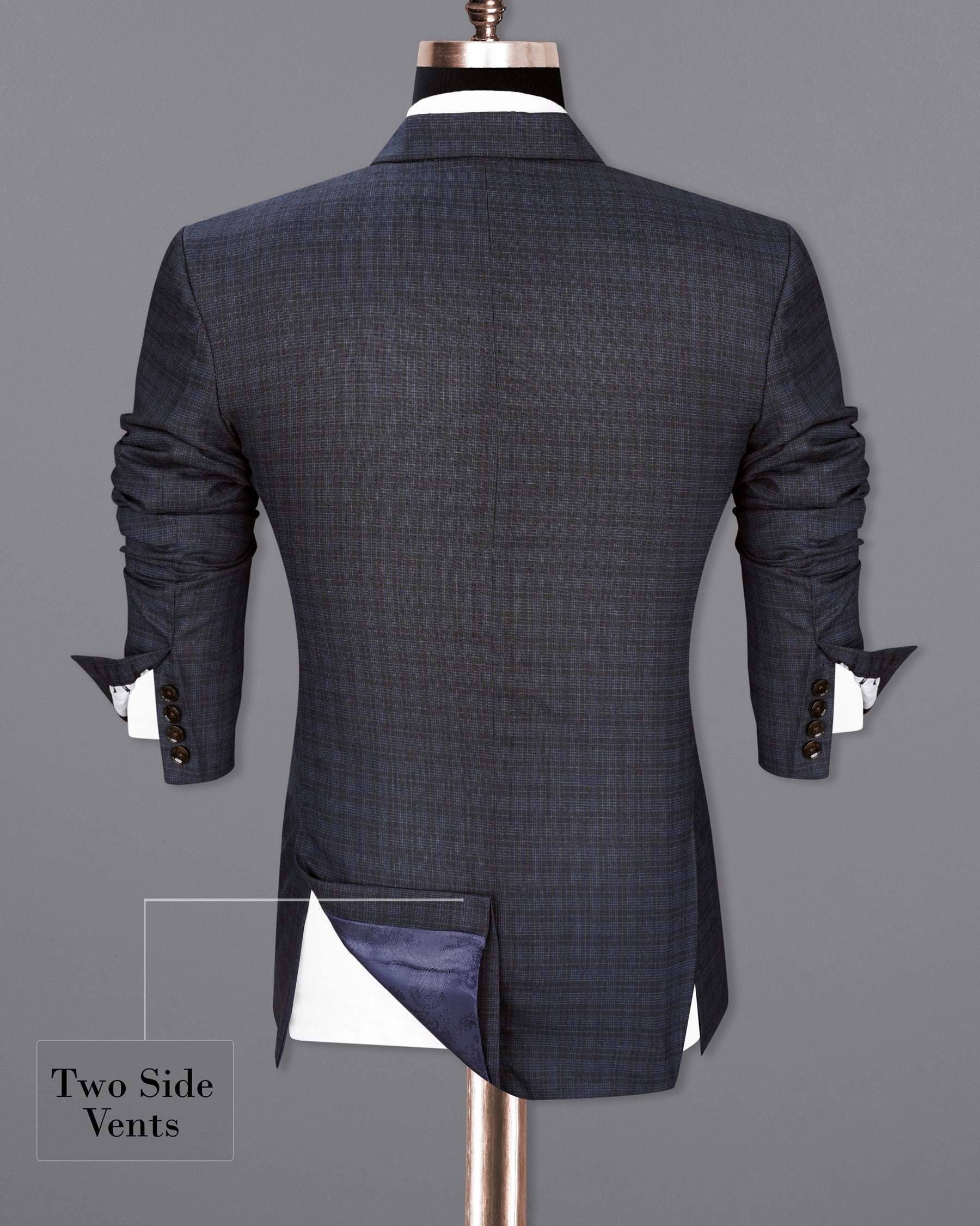 Ebony Clay Gray and Metallic Blue Plaid Double-Breasted Blazer BL1939-DB-36,BL1939-DB-38,BL1939-DB-40,BL1939-DB-42,BL1939-DB-44,BL1939-DB-46,BL1939-DB-48,BL1939-DB-50,BL1939-DB-52,BL1939-DB-54,BL1939-DB-56,BL1939-DB-58,BL1939-DB-60