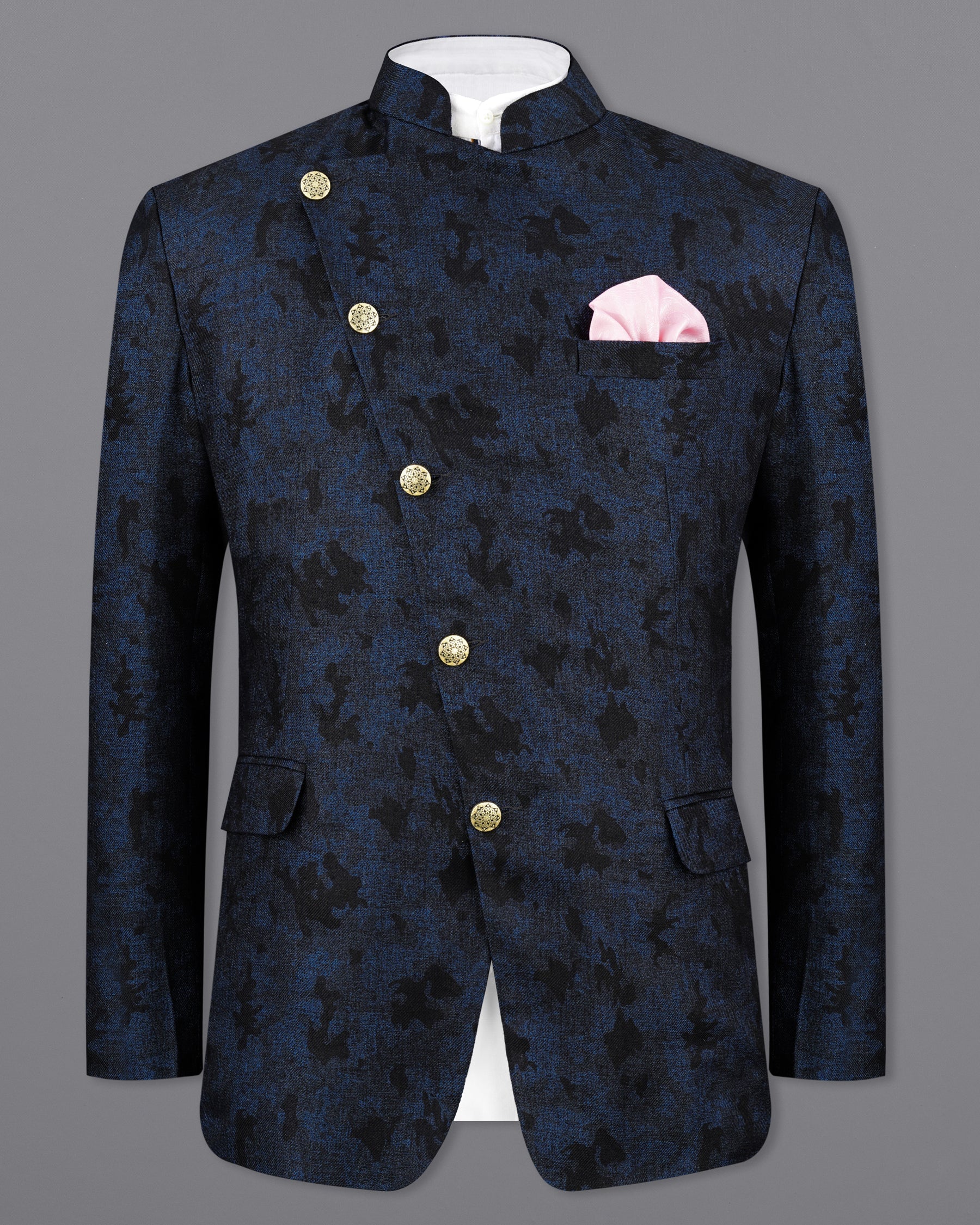 Gunmetal Navy Blue with Jade Black Chintz Textured Cross Buttoned Bandhgala Designer Blazer BL2158-CBG-36, BL2158-CBG-38, BL2158-CBG-40, BL2158-CBG-42, BL2158-CBG-44, BL2158-CBG-46, BL2158-CBG-48, BL2158-CBG-50, BL2158-CBG-52, BL2158-CBG-54, BL2158-CBG-56, BL2158-CBG-58, BL2158-CBG-60