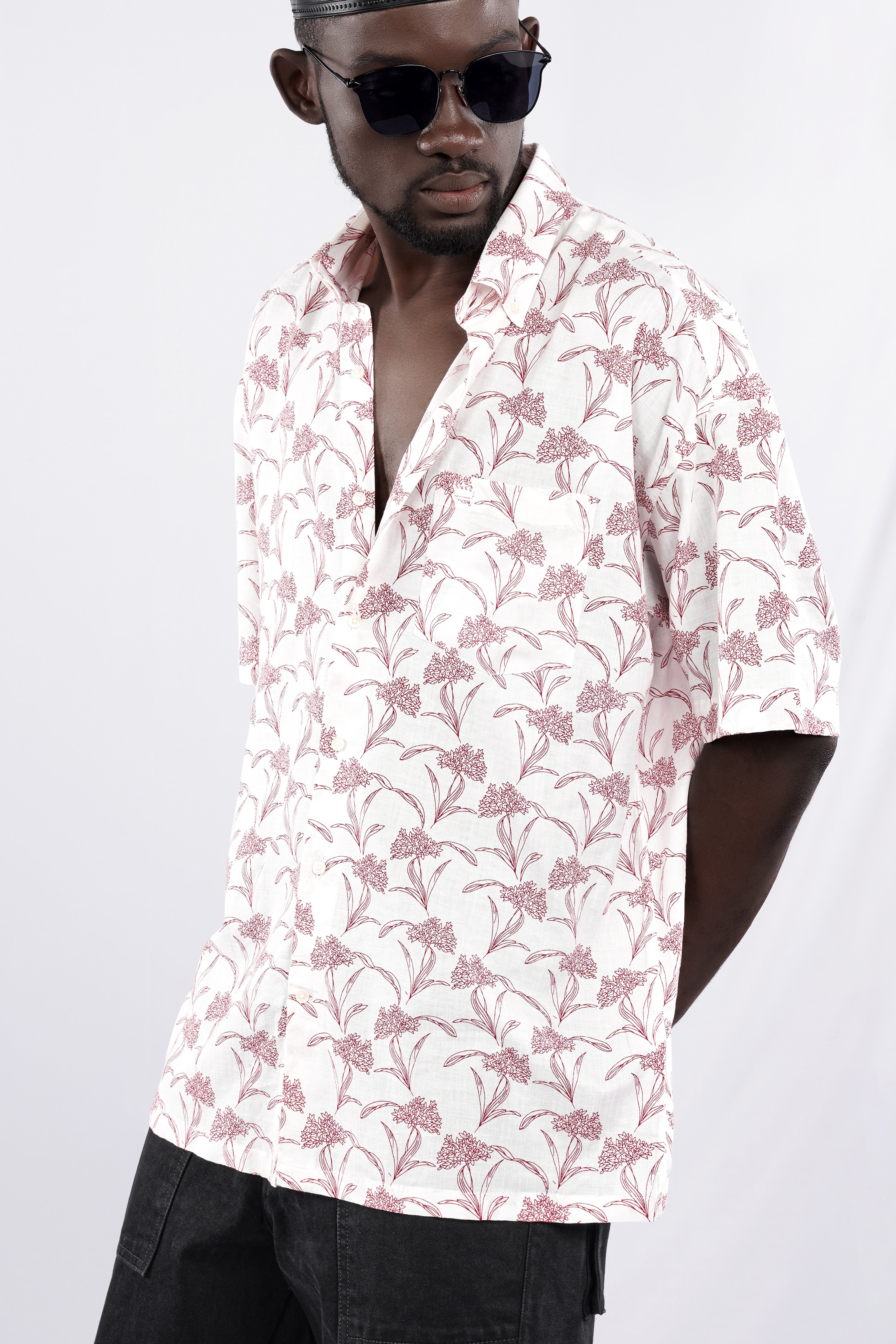 Bright White with Cordovan Maroon Floral Printed Lightweight Oversized Premium Cotton Shirt