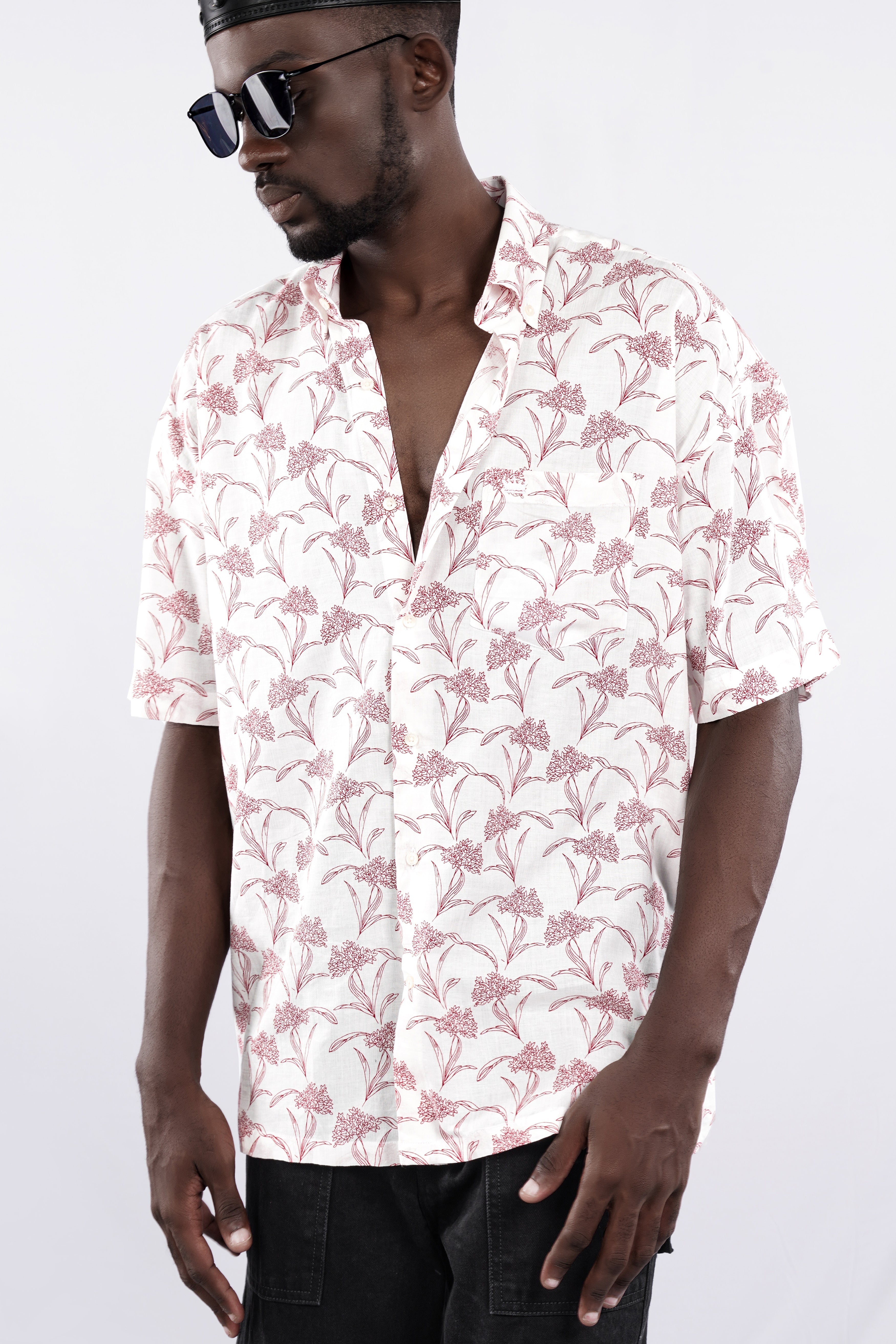 Bright White with Cordovan Maroon Floral Printed Lightweight Oversized Premium Cotton Shirt