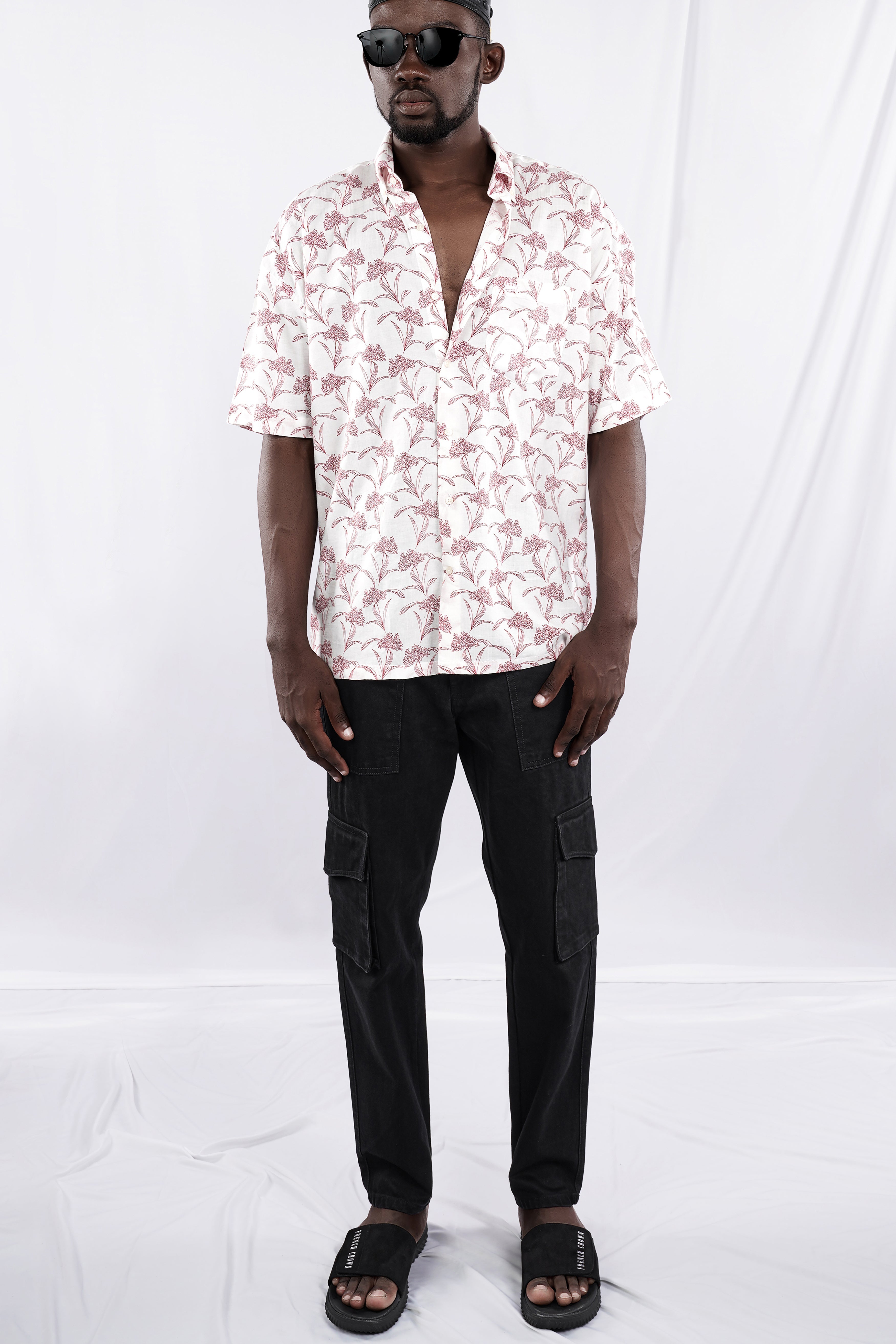 Bright White with Cordovan Maroon Floral Printed Lightweight Oversized Premium Cotton Shirt