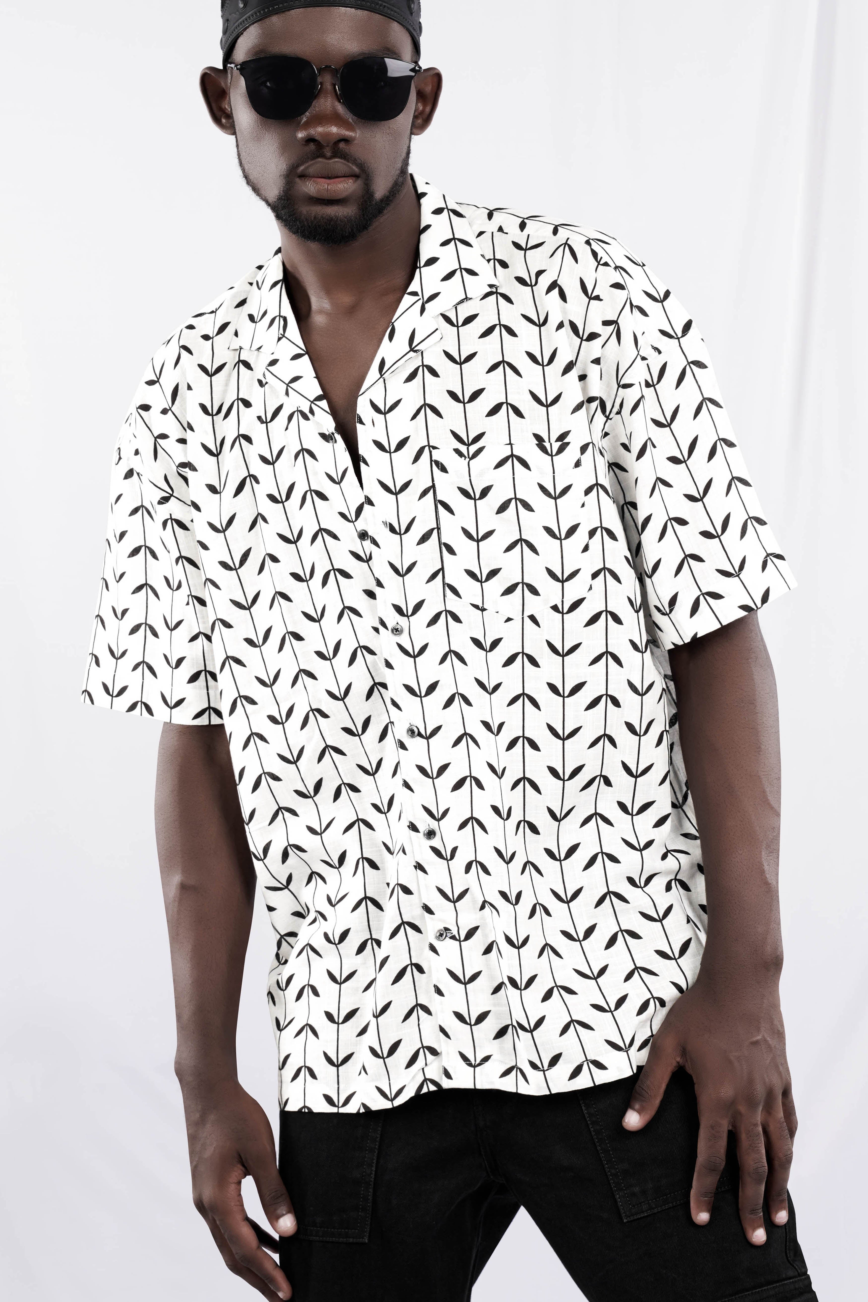 Bright White and Black Printed Lightweight Oversized Premium Cotton Shirt