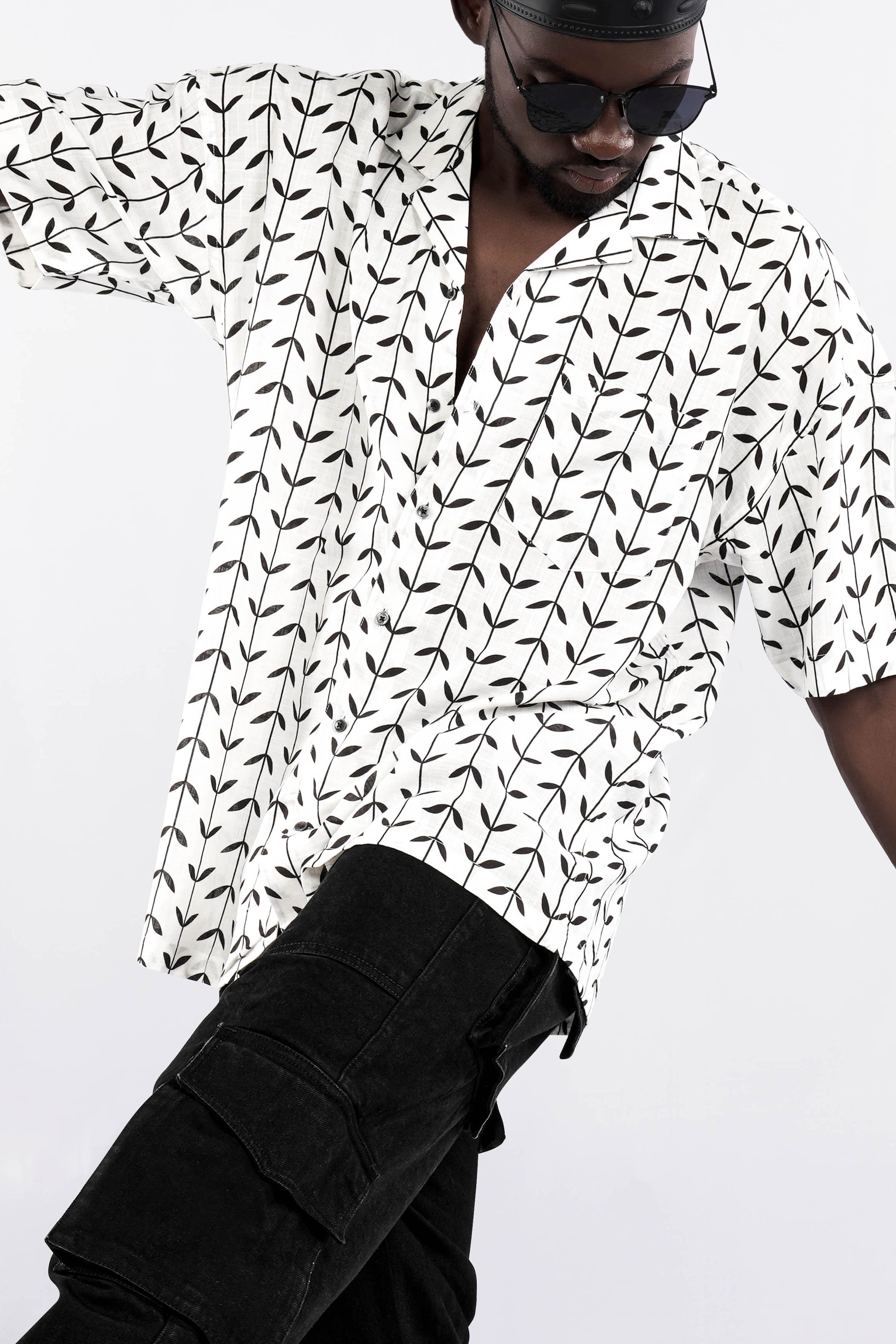 Bright White and Black Printed Lightweight Oversized Premium Cotton Shirt