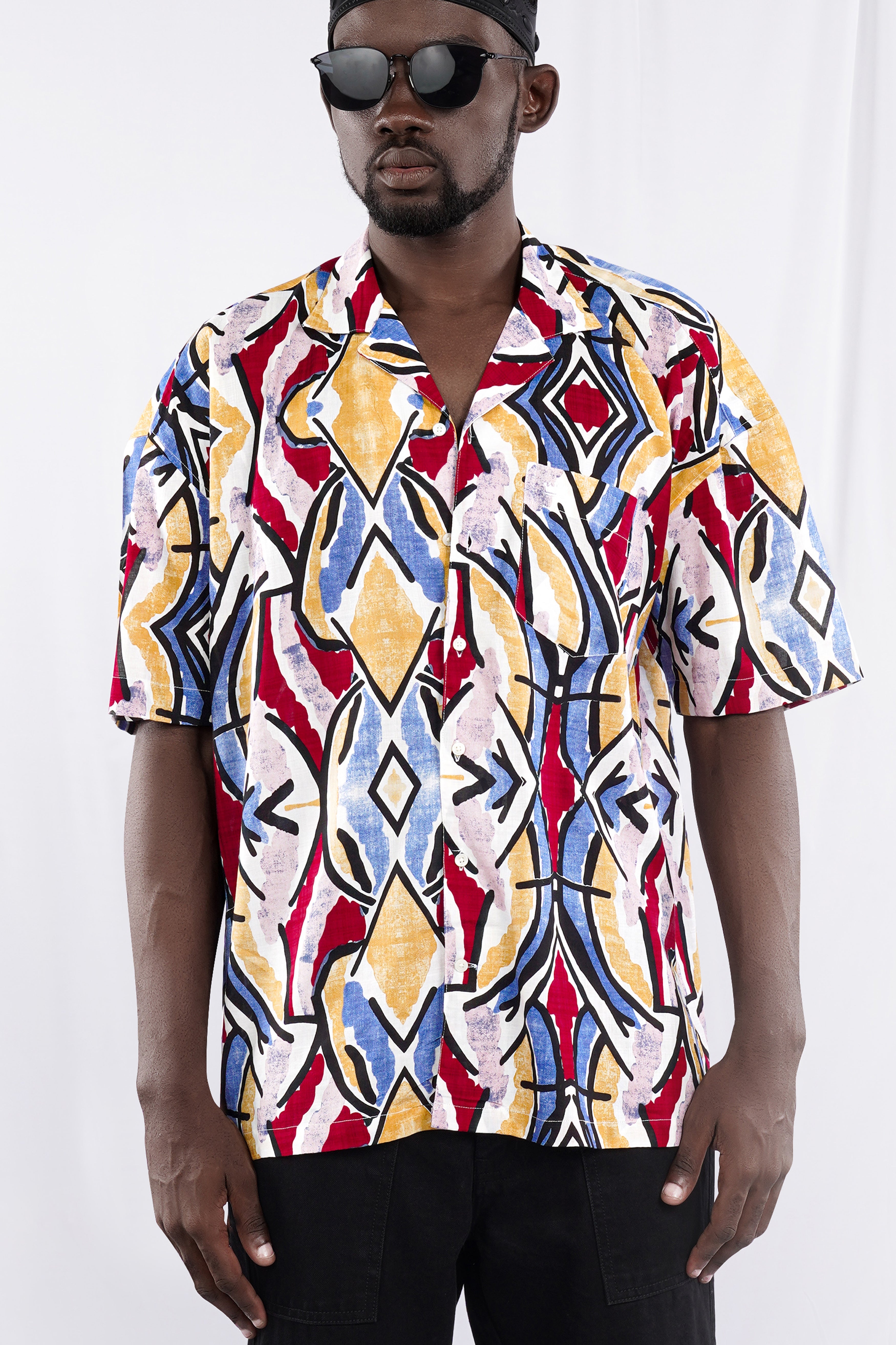 Neptune Blue and Pavlova Brown Multicolour Abstract Printed Lightweight Oversized Premium Cotton Shirt