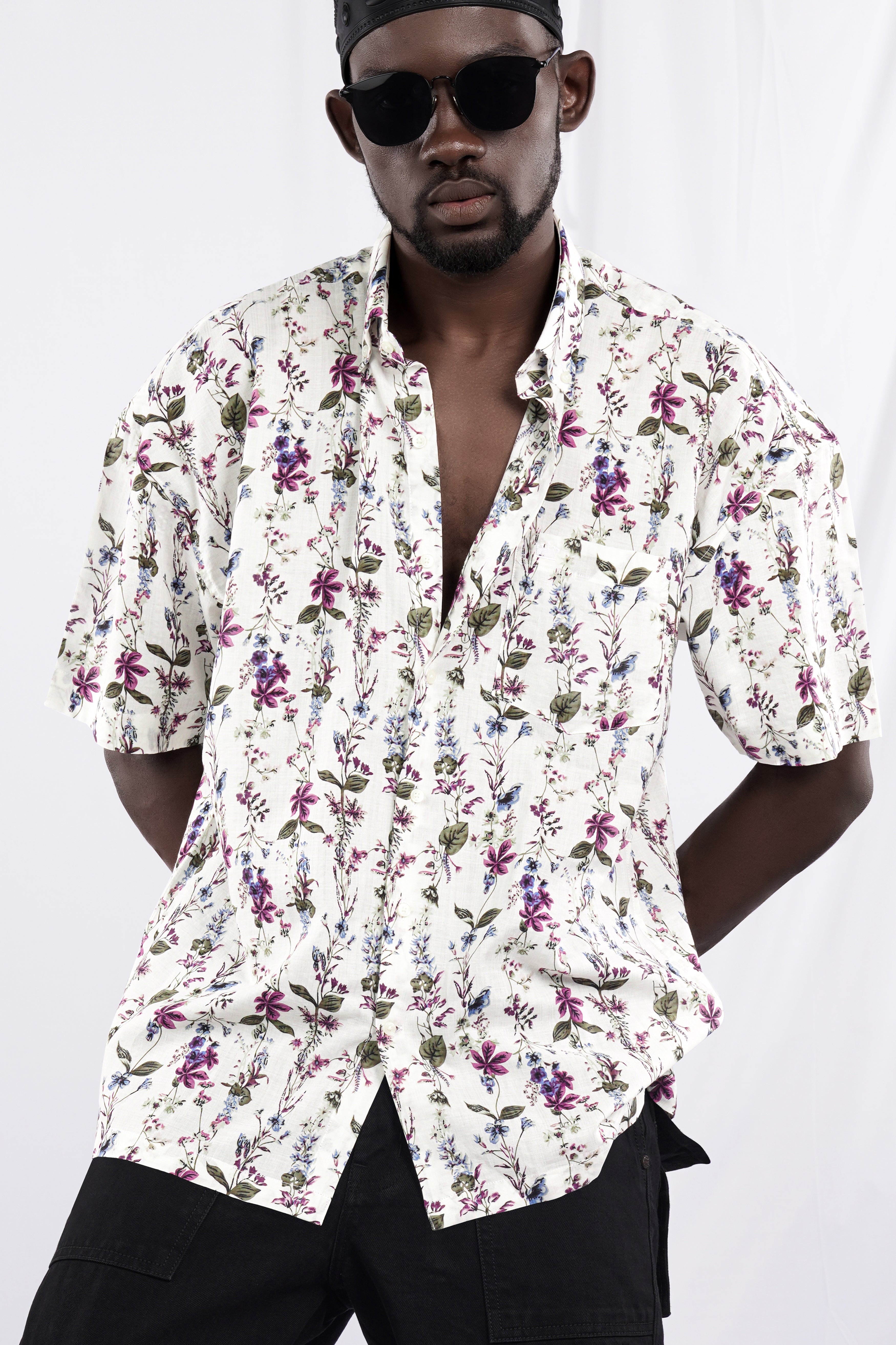 Bright White with Viola Pink and Shadow Green Ditsy Printed Lightweight Oversized Premium Cotton Shirt