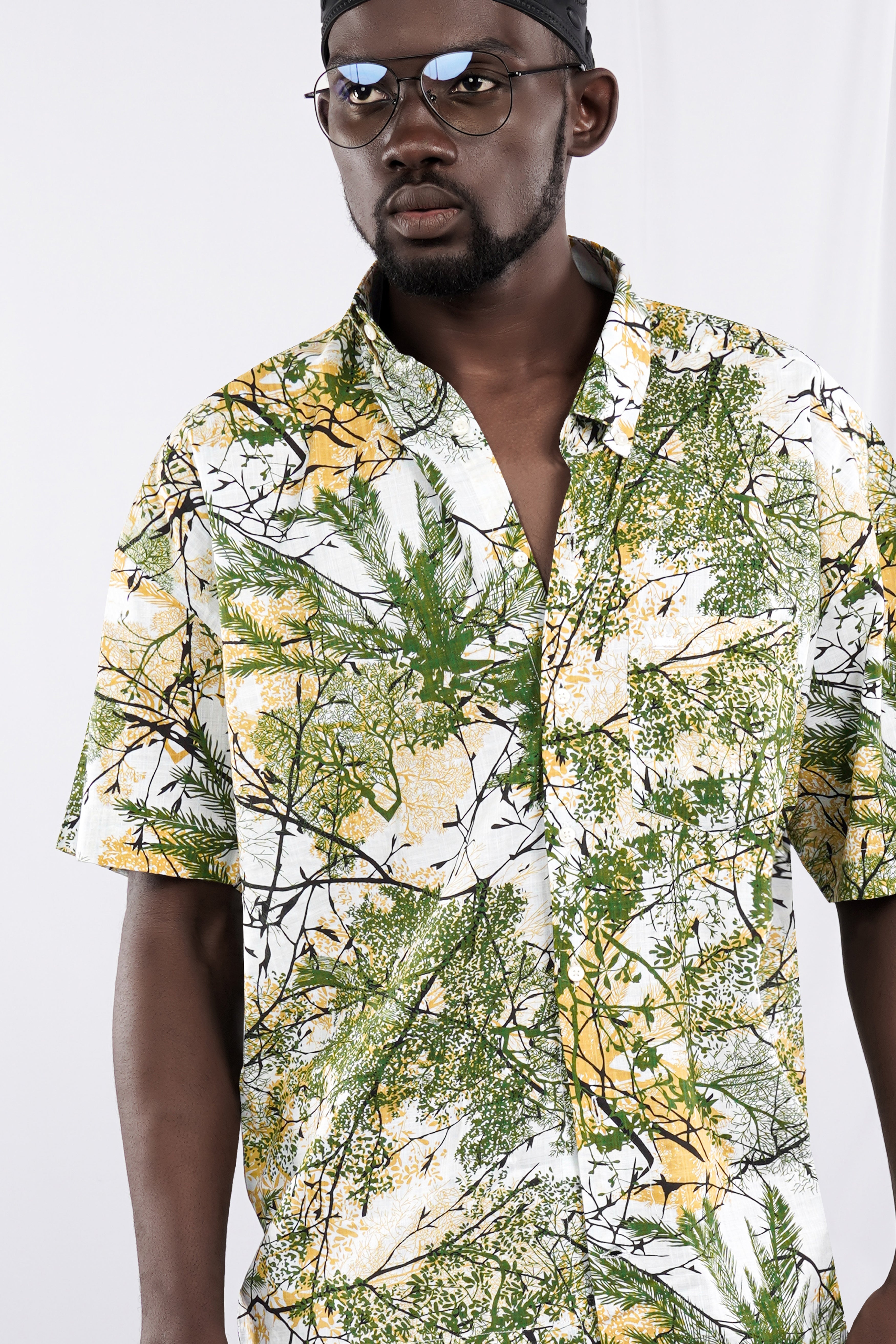 Bright White and Killarney Green Printed Lightweight Oversized Premium Cotton Shirt