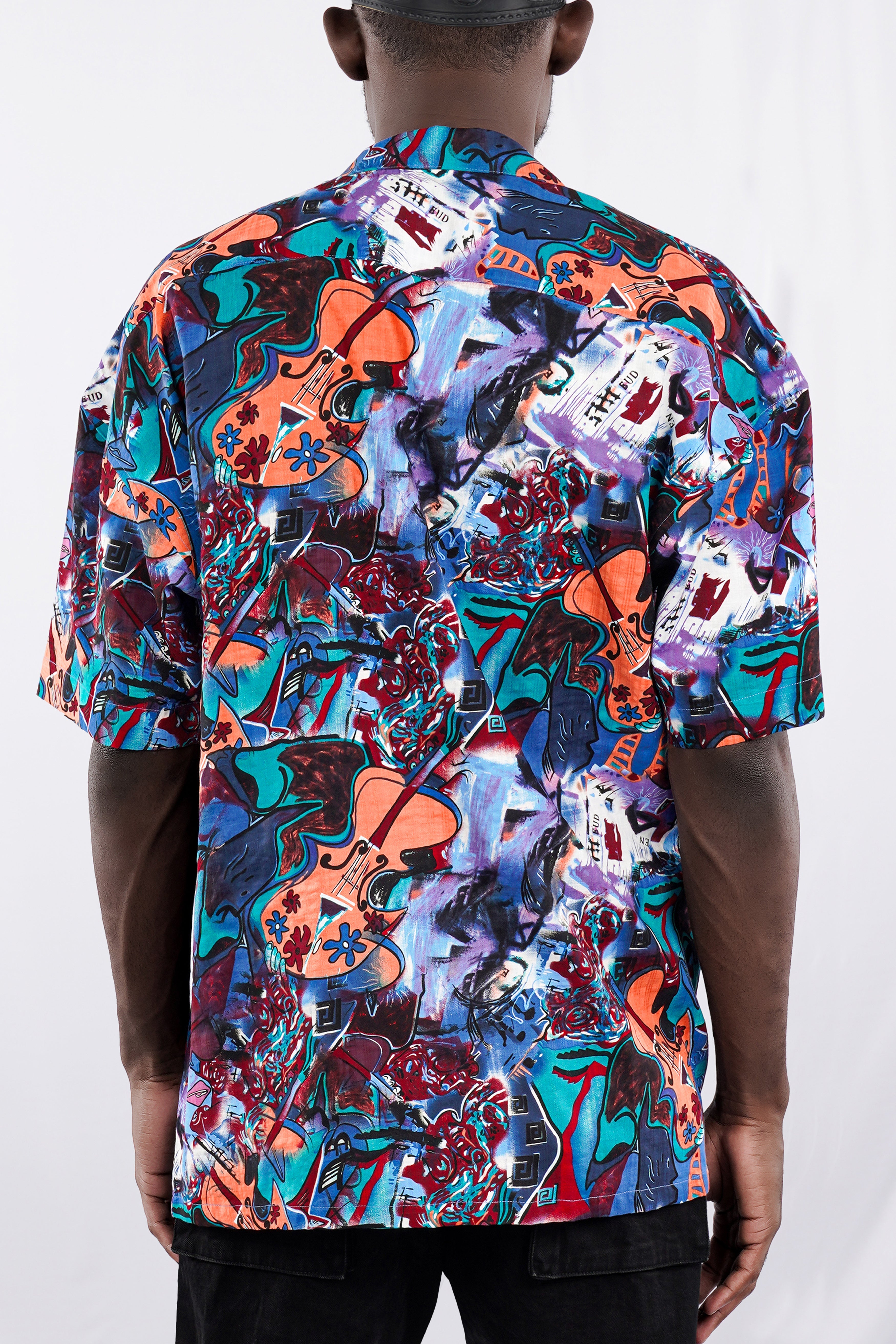 Cyan Blue Multicolour Abstract Printed Lightweight Oversized Premium Cotton Shirt