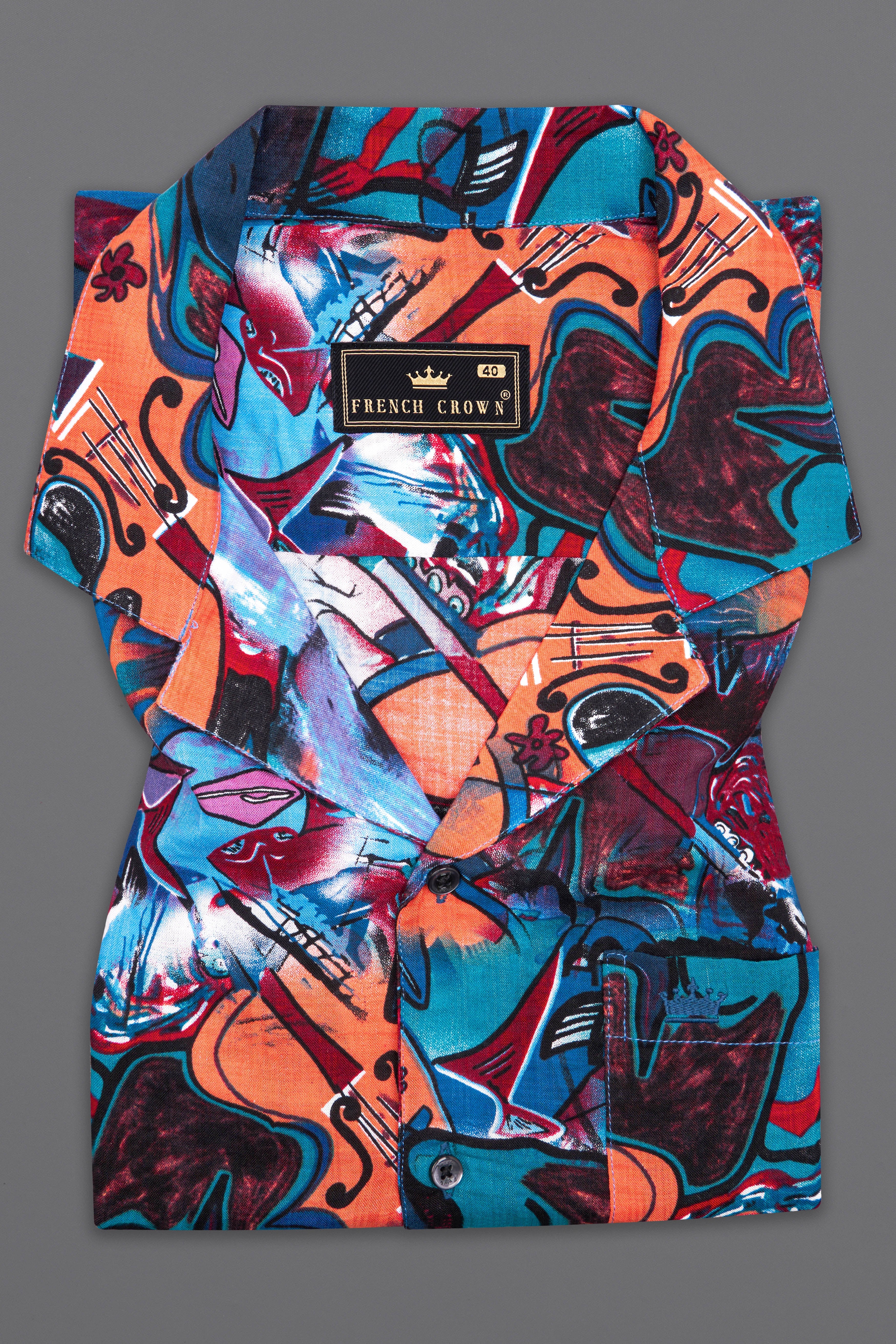 Cyan Blue Multicolour Abstract Printed Lightweight Oversized Premium Cotton Shirt