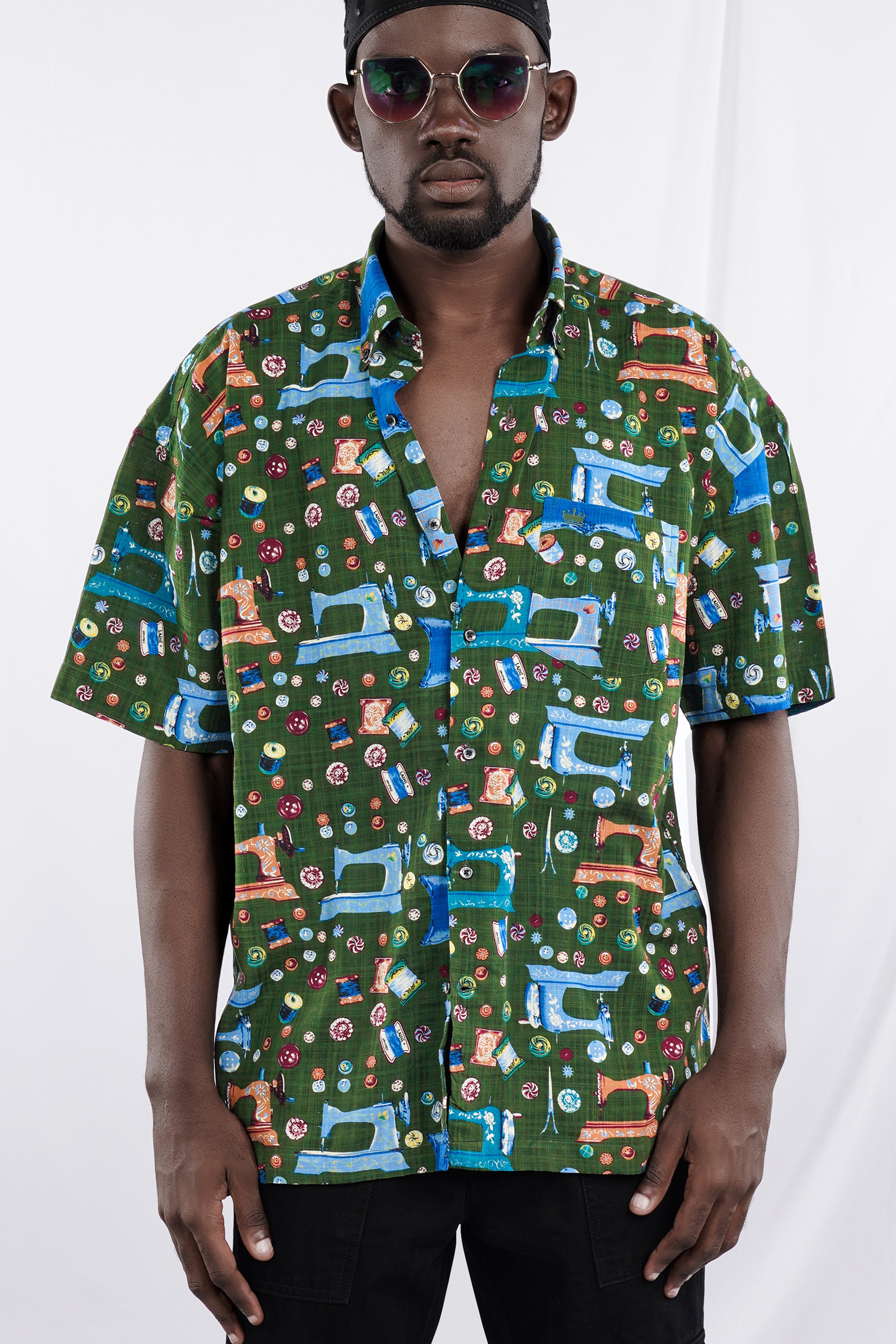 Myrtle Green and Lochmara Blue Printed Lightweight Oversized Premium Cotton Shirt