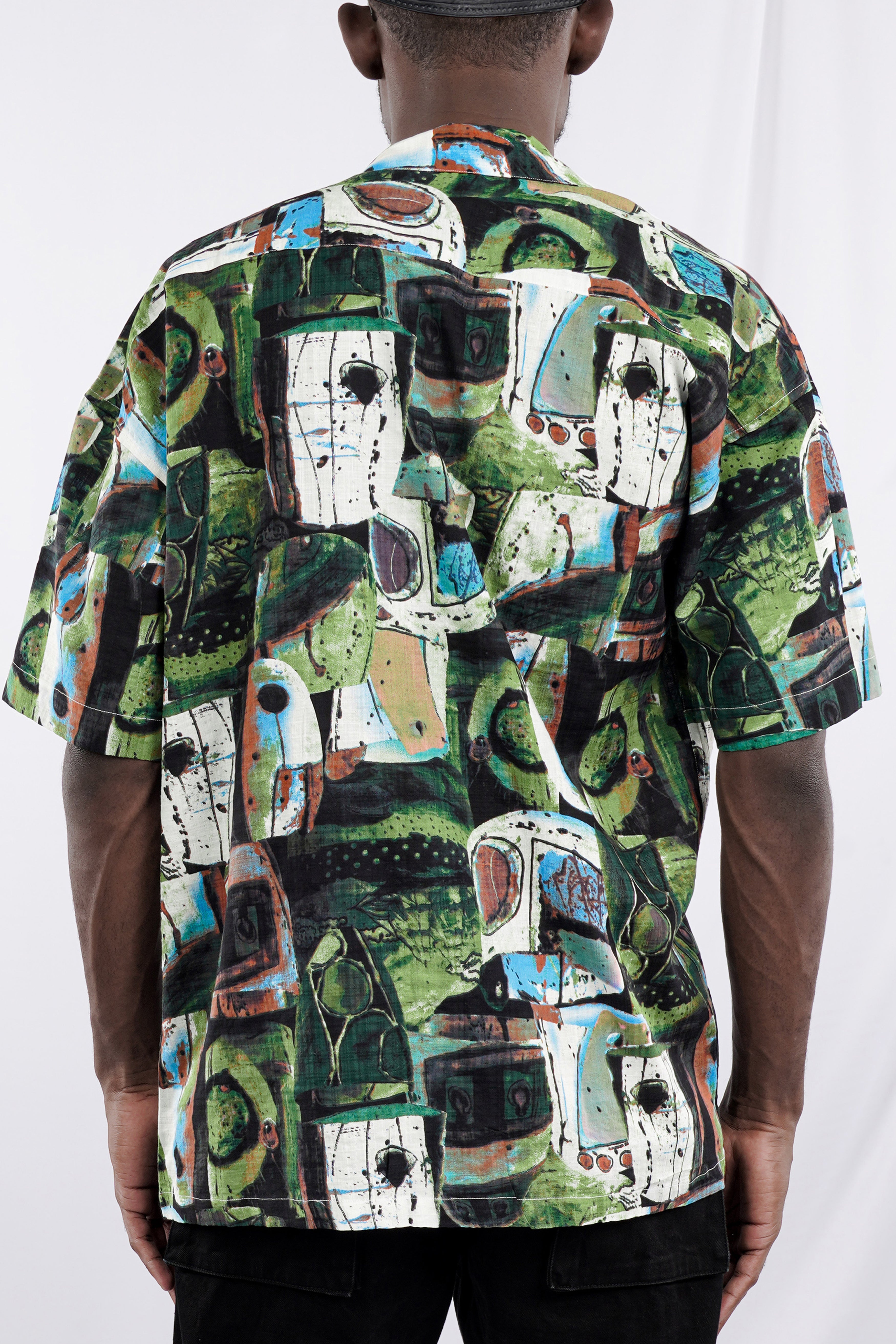 Moss Green and Clay Brown Abstract Printed Lightweight Oversized Premium Cotton Shirt