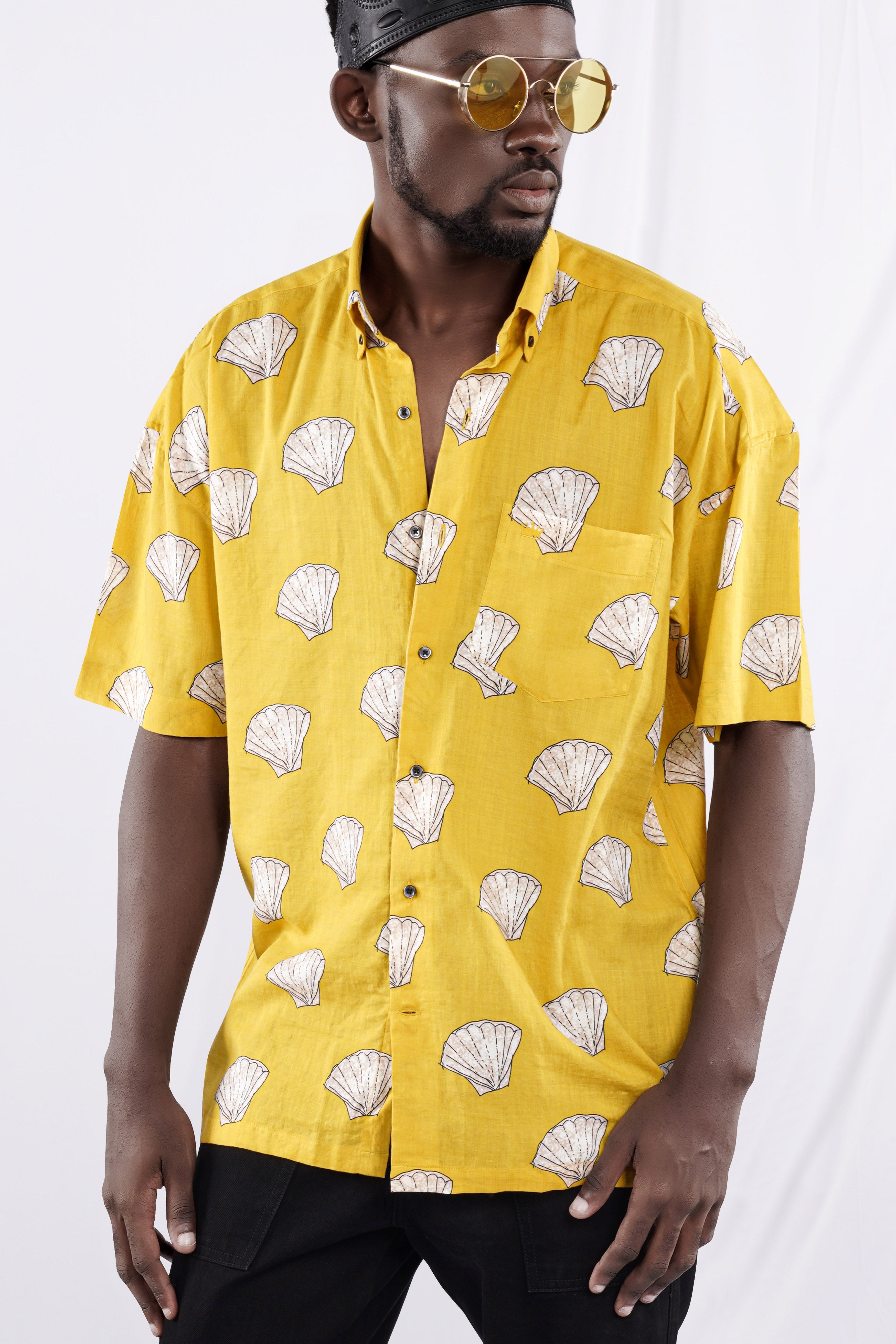 Turmeric Brown Funky Printed Lightweight Oversized Premium Cotton Shirt