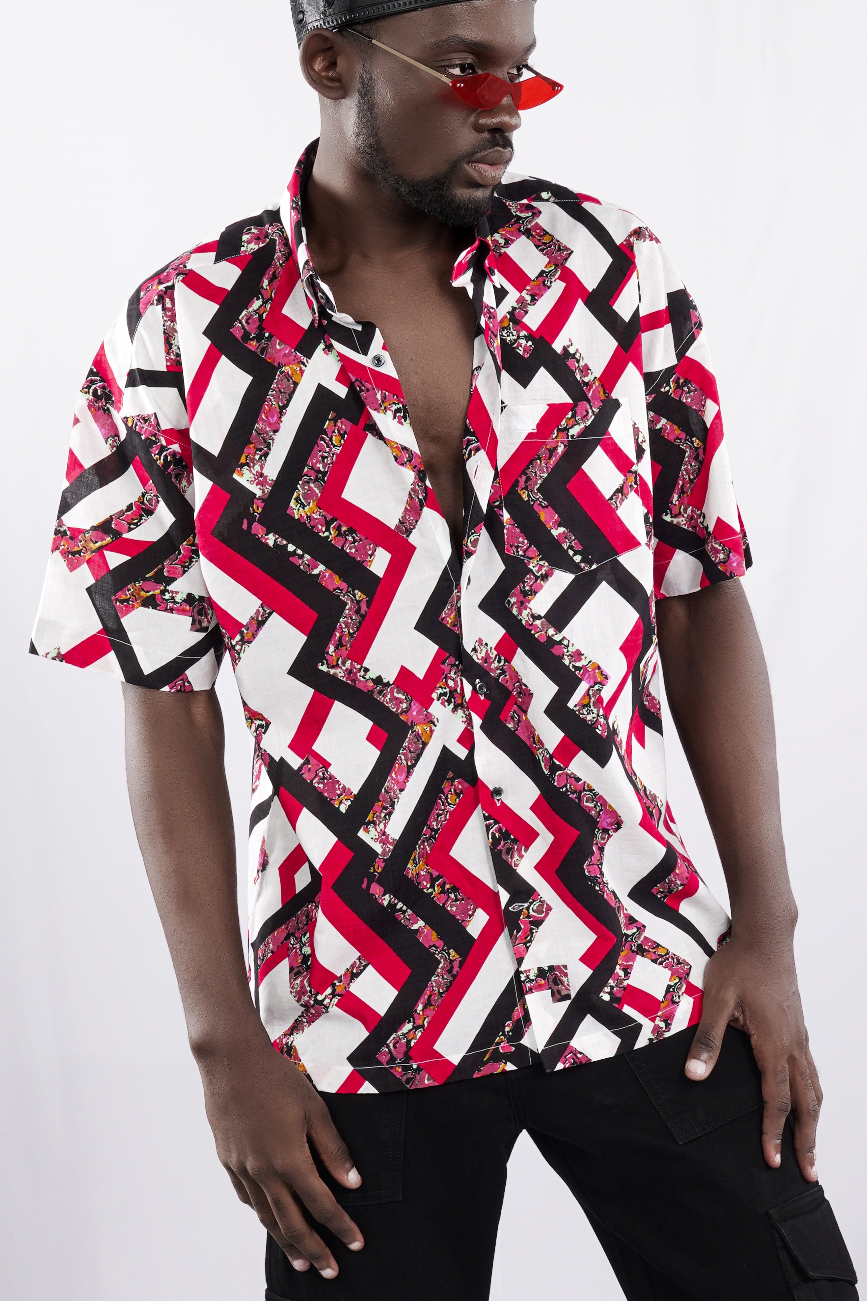 Cadmium Red with White and Black Funky Printed Lightweight Oversized Premium Cotton Shirt