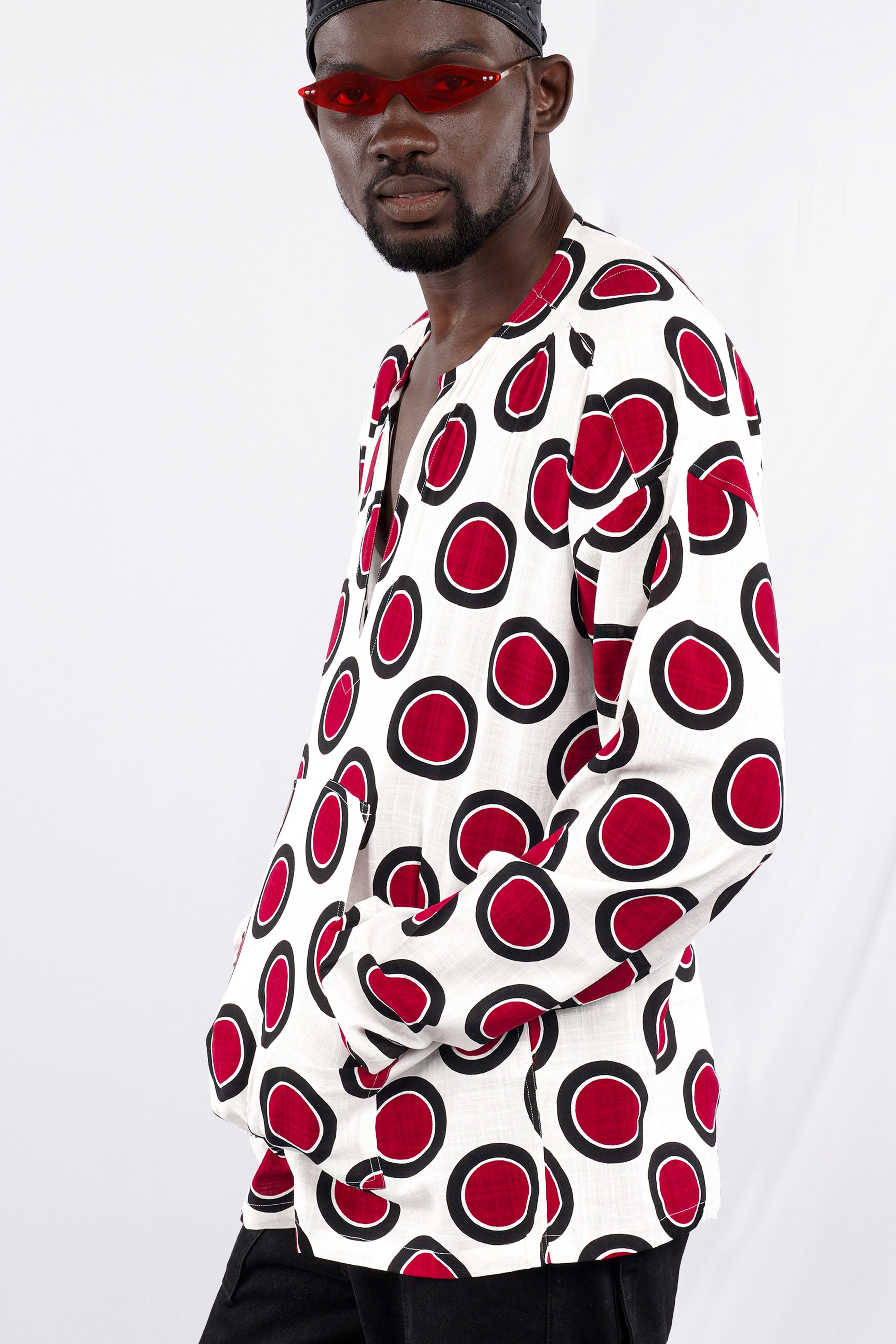 Bright White with Scarlet Red and Black Printed Lightweight Oversized Premium Cotton Designer Shirt