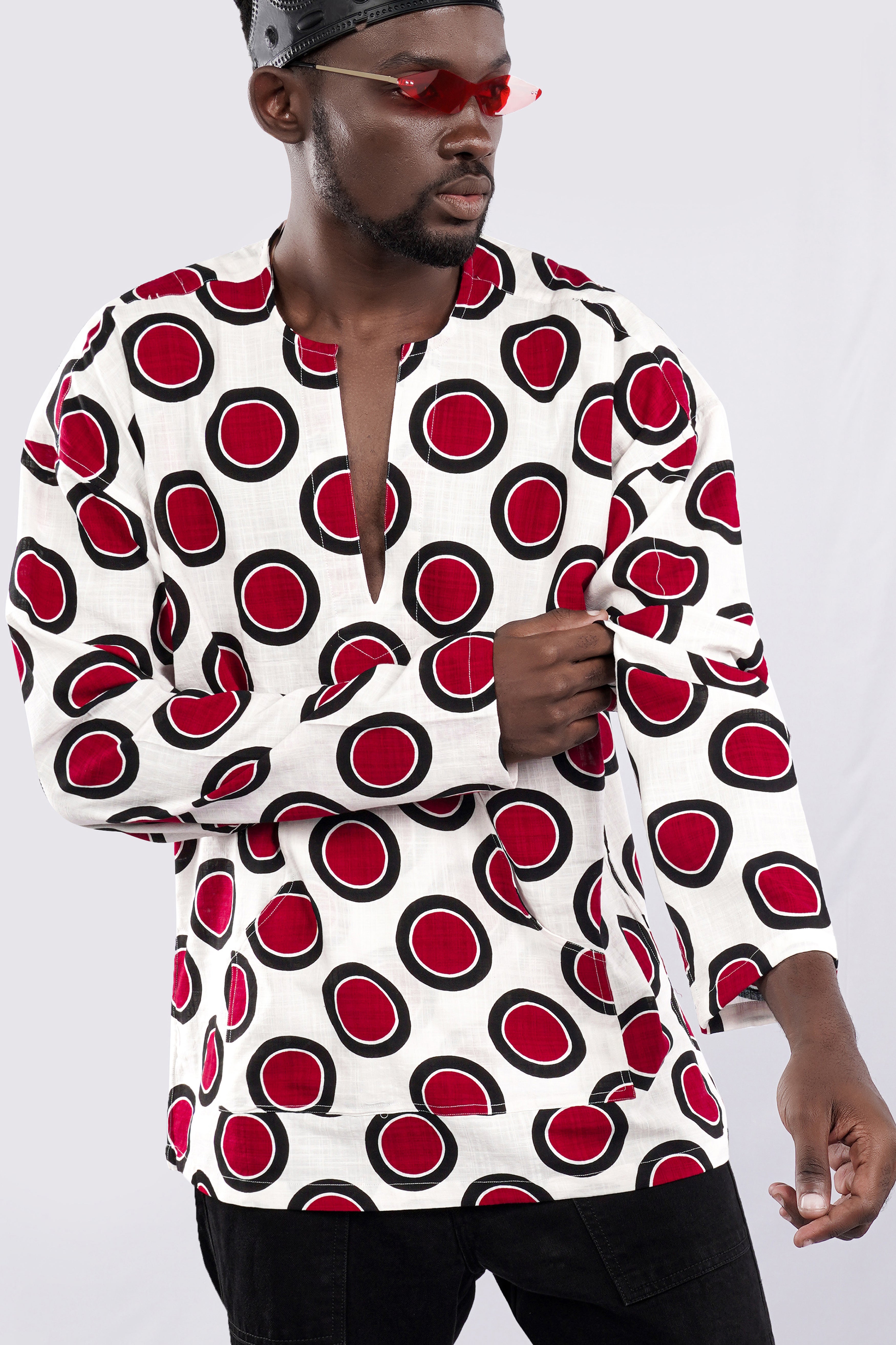 Bright White with Scarlet Red and Black Printed Lightweight Oversized Premium Cotton Designer Shirt