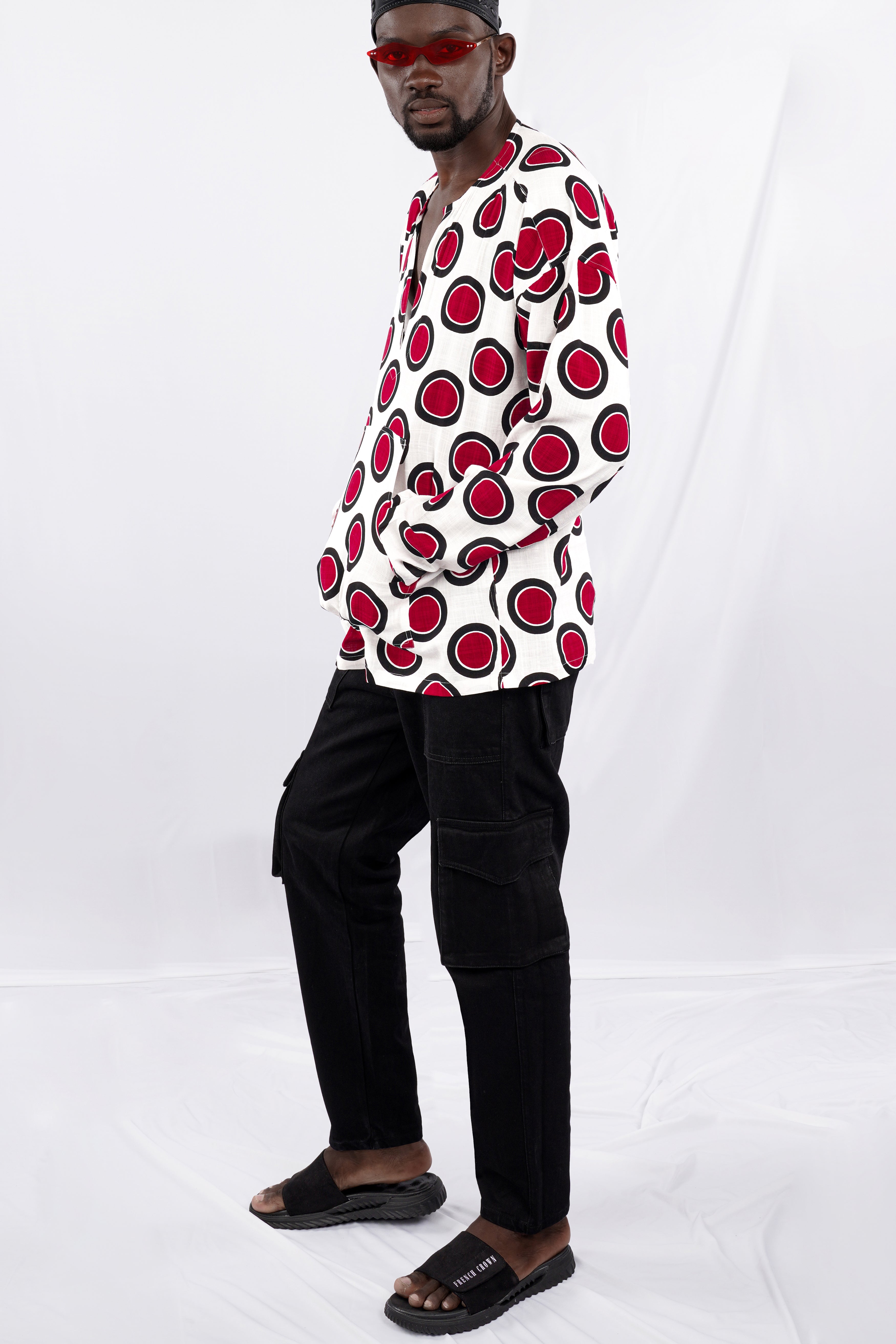 Bright White with Scarlet Red and Black Printed Lightweight Oversized Premium Cotton Designer Shirt