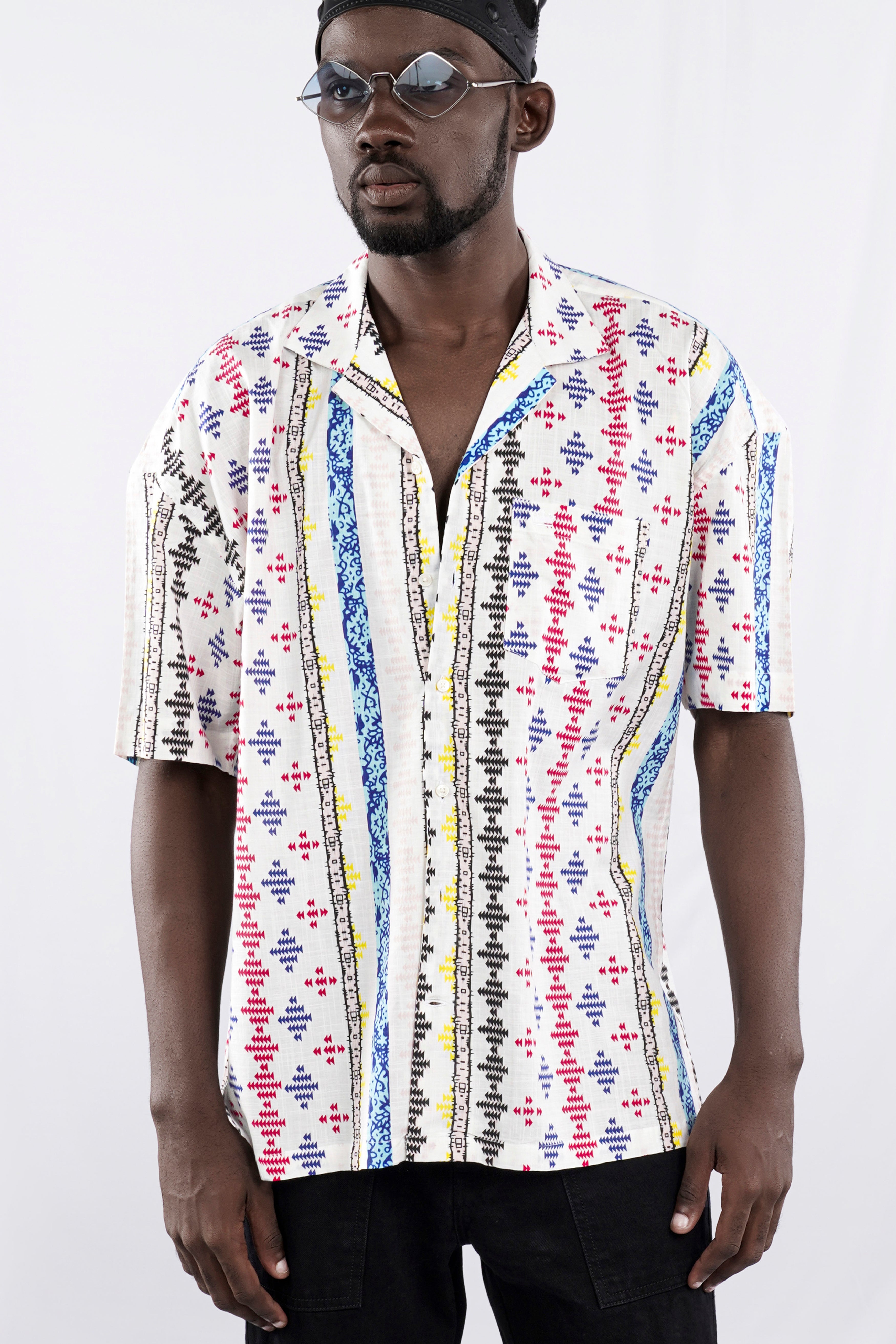 Bright White with Cherry Red and Cobalt Blue Printed Lightweight Oversized Premium Cotton Shirt