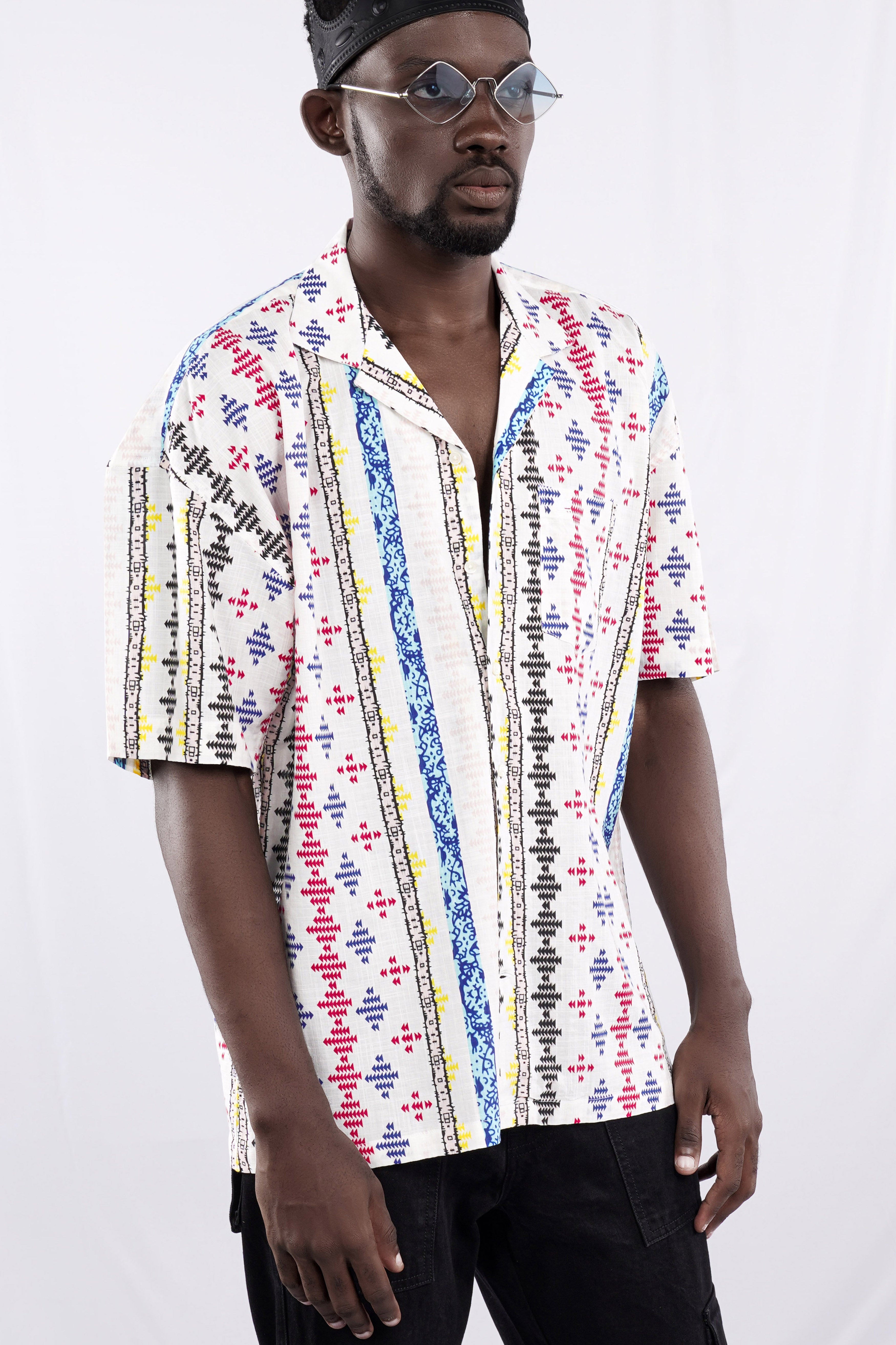 Bright White with Cherry Red and Cobalt Blue Printed Lightweight Oversized Premium Cotton Shirt