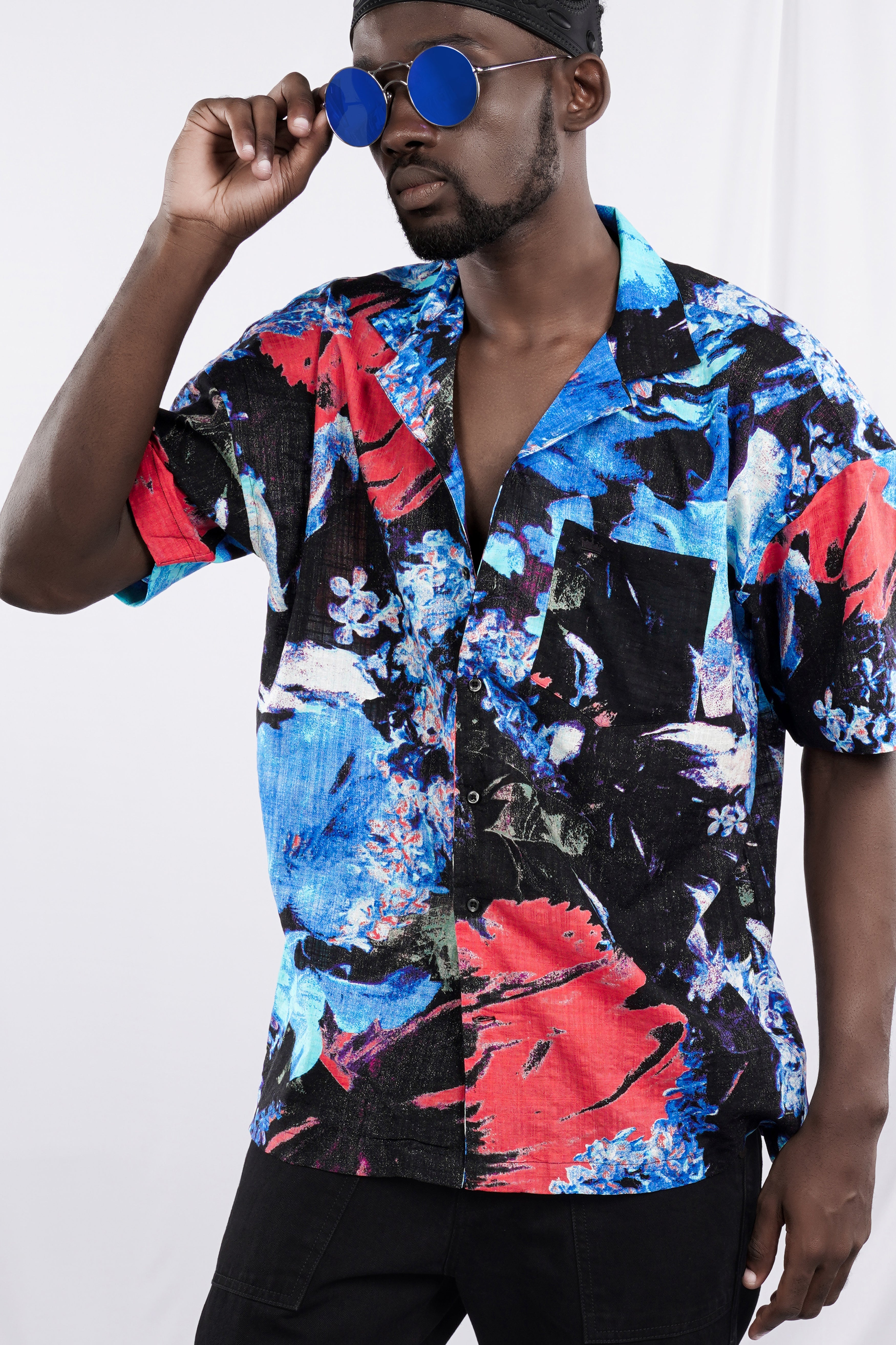 Brandeis Blue and Black Funky Printed Lightweight Oversized Premium Cotton Shirt