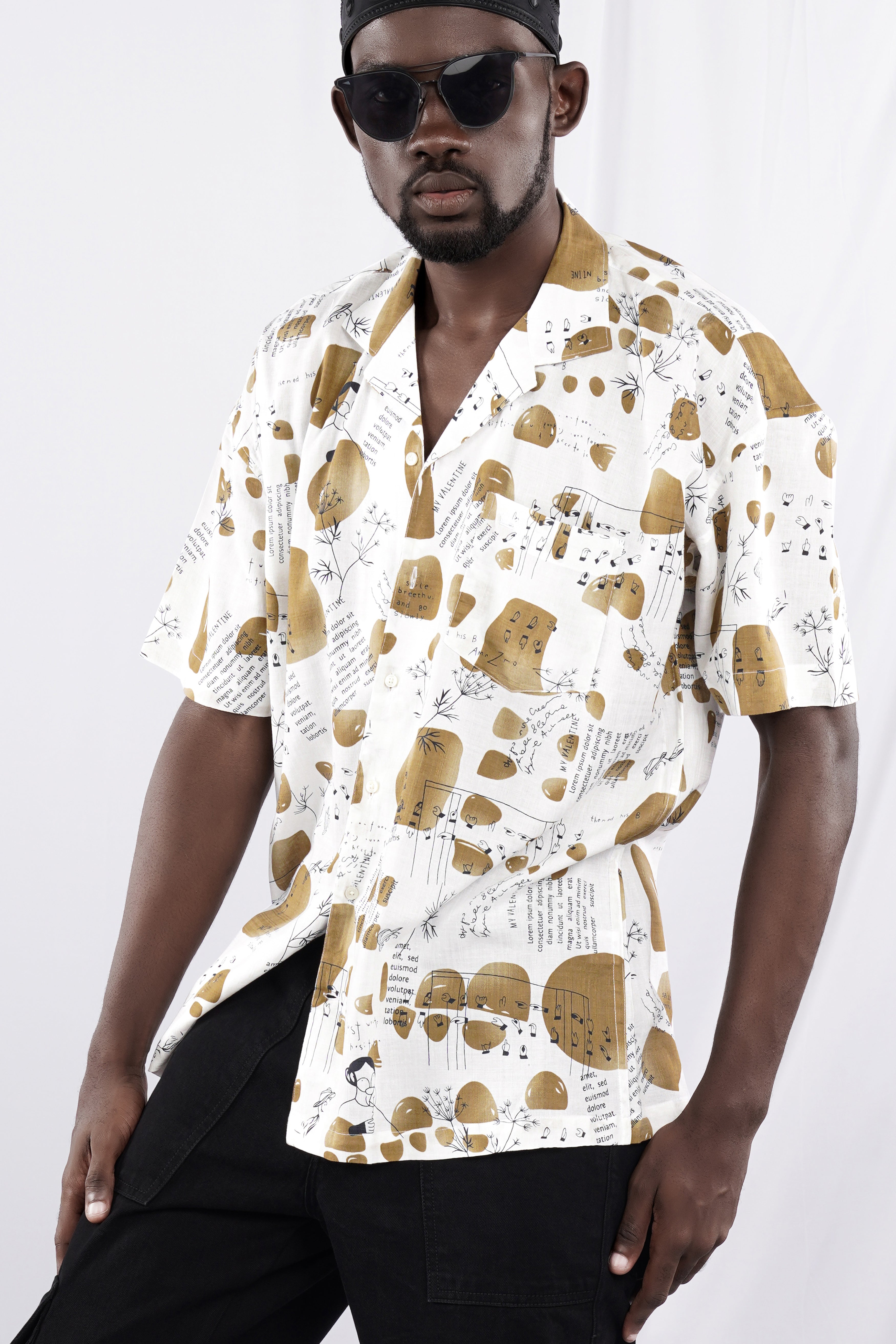 Bright White and Muesli Brown Doodle Printed Lightweight Premium Cotton Oversized Shirt