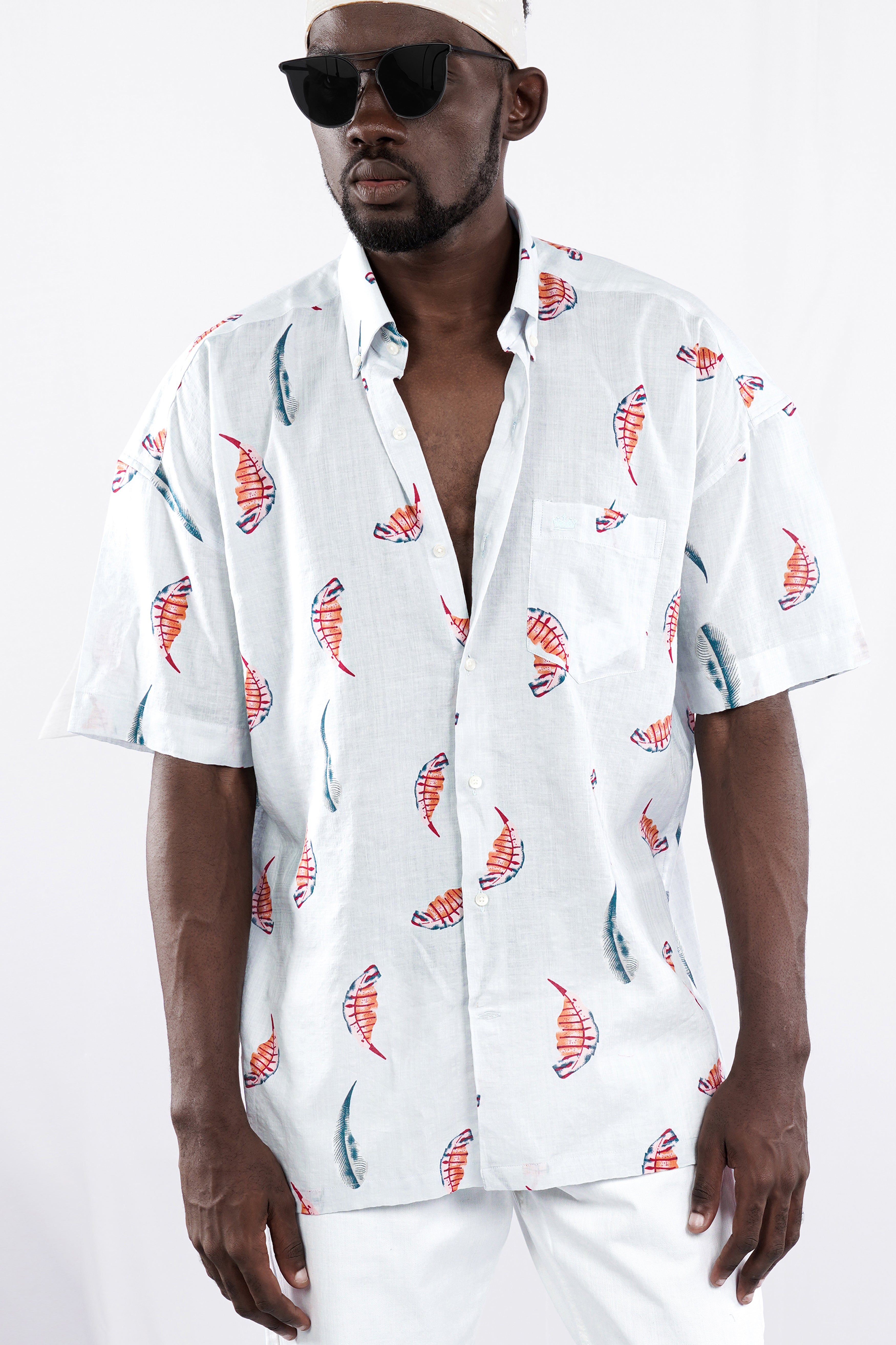 Bright White Leaves Printed Lightweight Premium Cotton Oversized Shirt