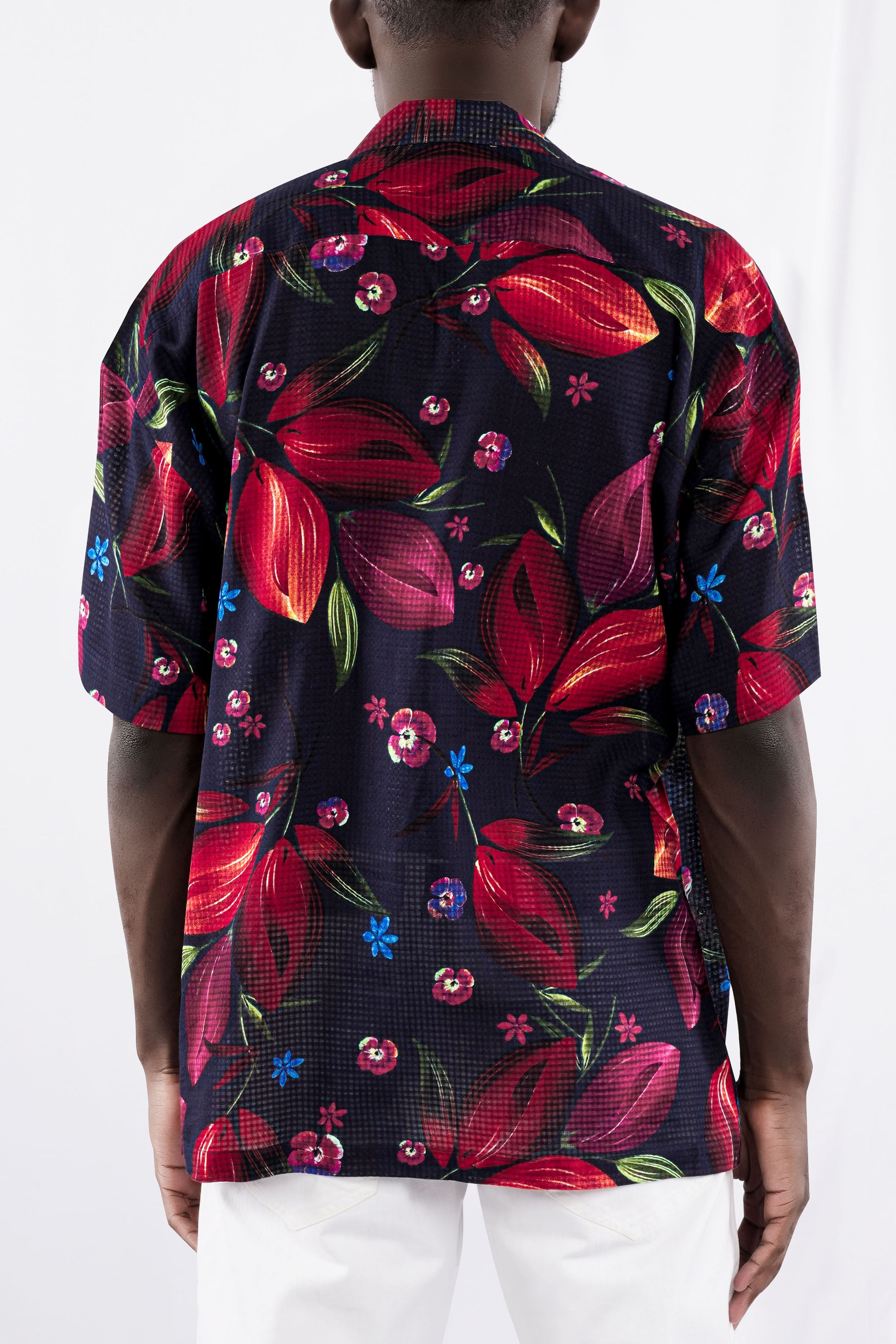 Cinder Navy Blue with Mulberry Wine Floral Printed Lightweight Premium Cotton Oversized Shirt