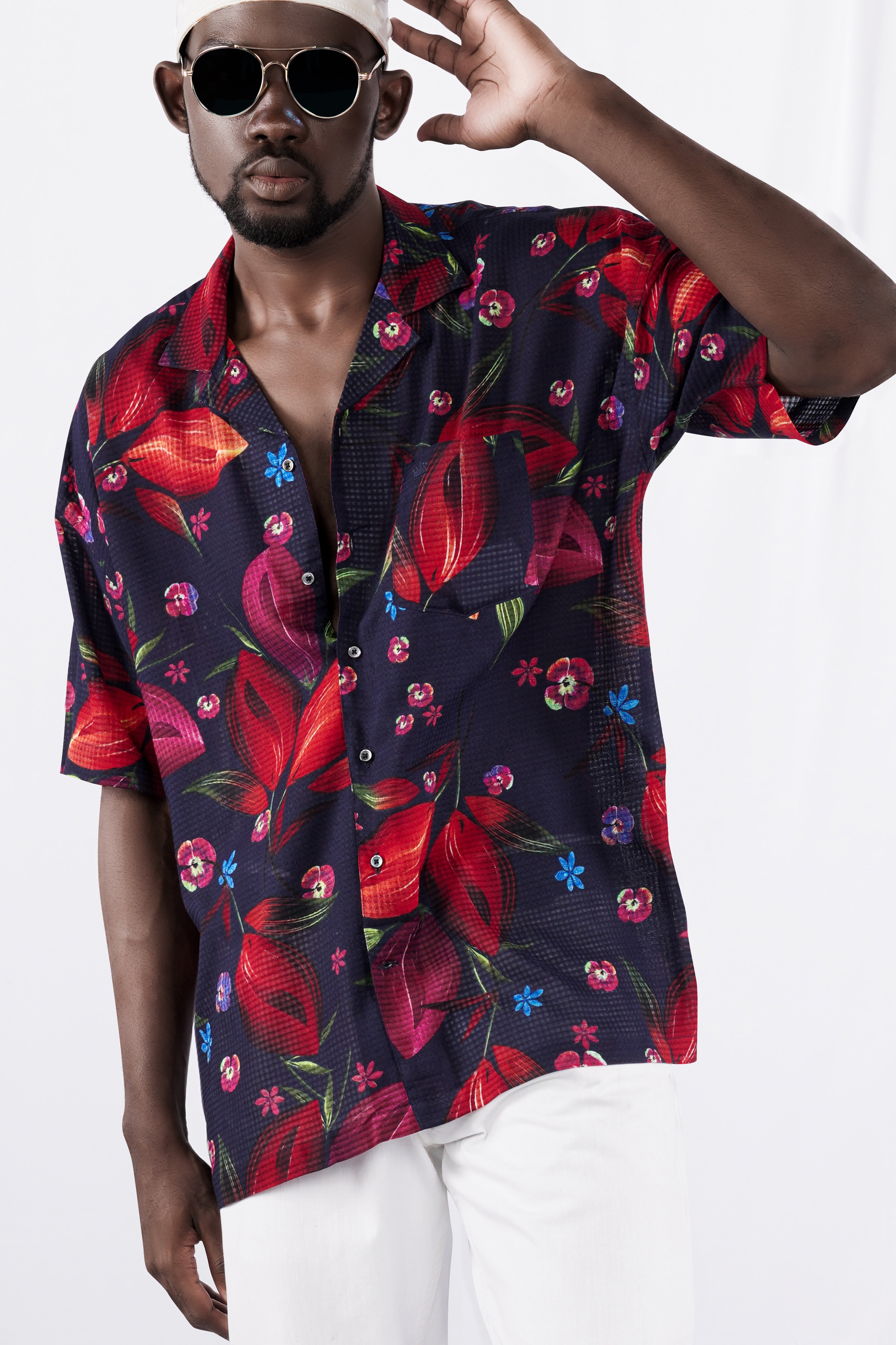 Cinder Navy Blue with Mulberry Wine Floral Printed Lightweight Premium Cotton Oversized Shirt