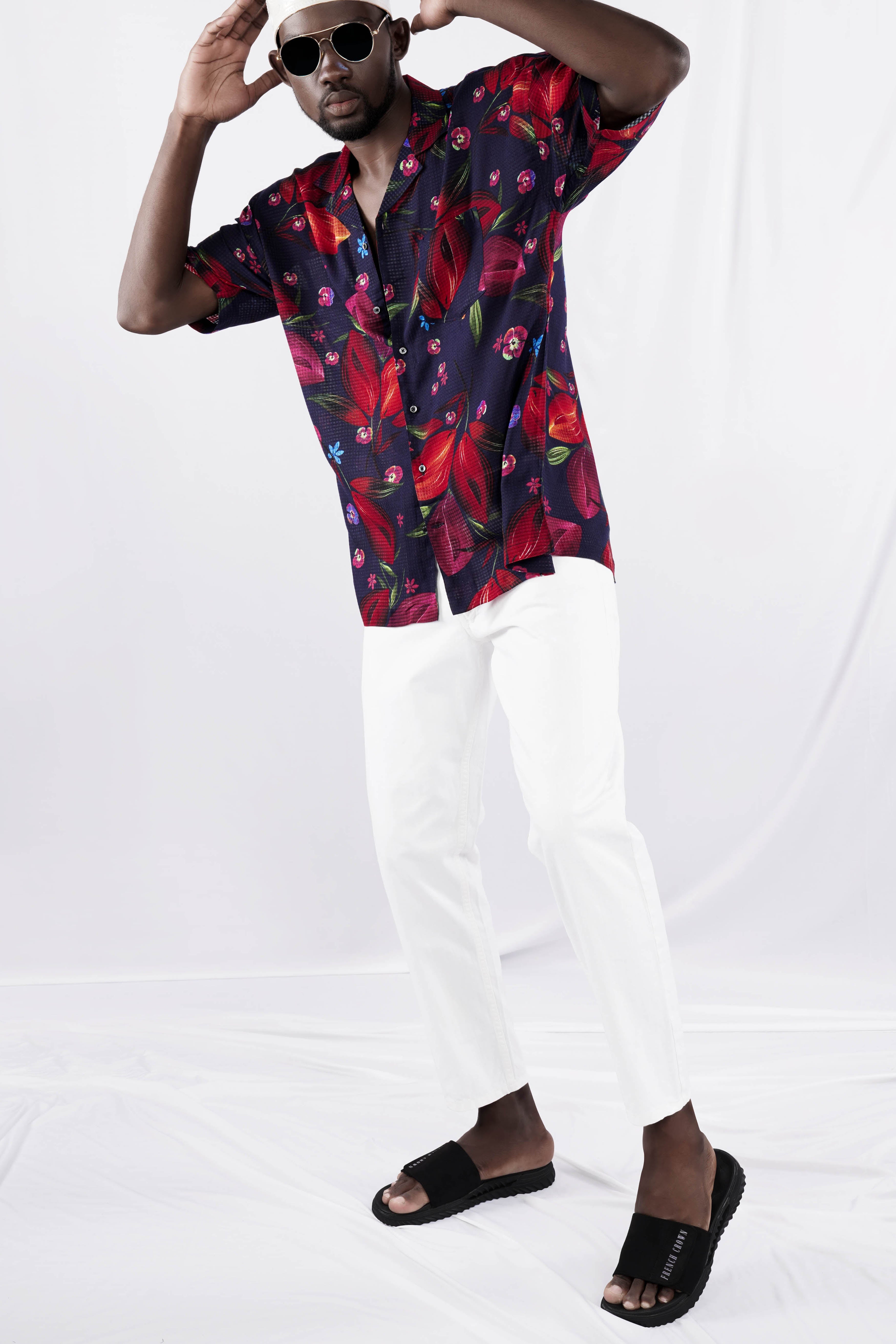 Cinder Navy Blue with Mulberry Wine Floral Printed Lightweight Premium Cotton Oversized Shirt