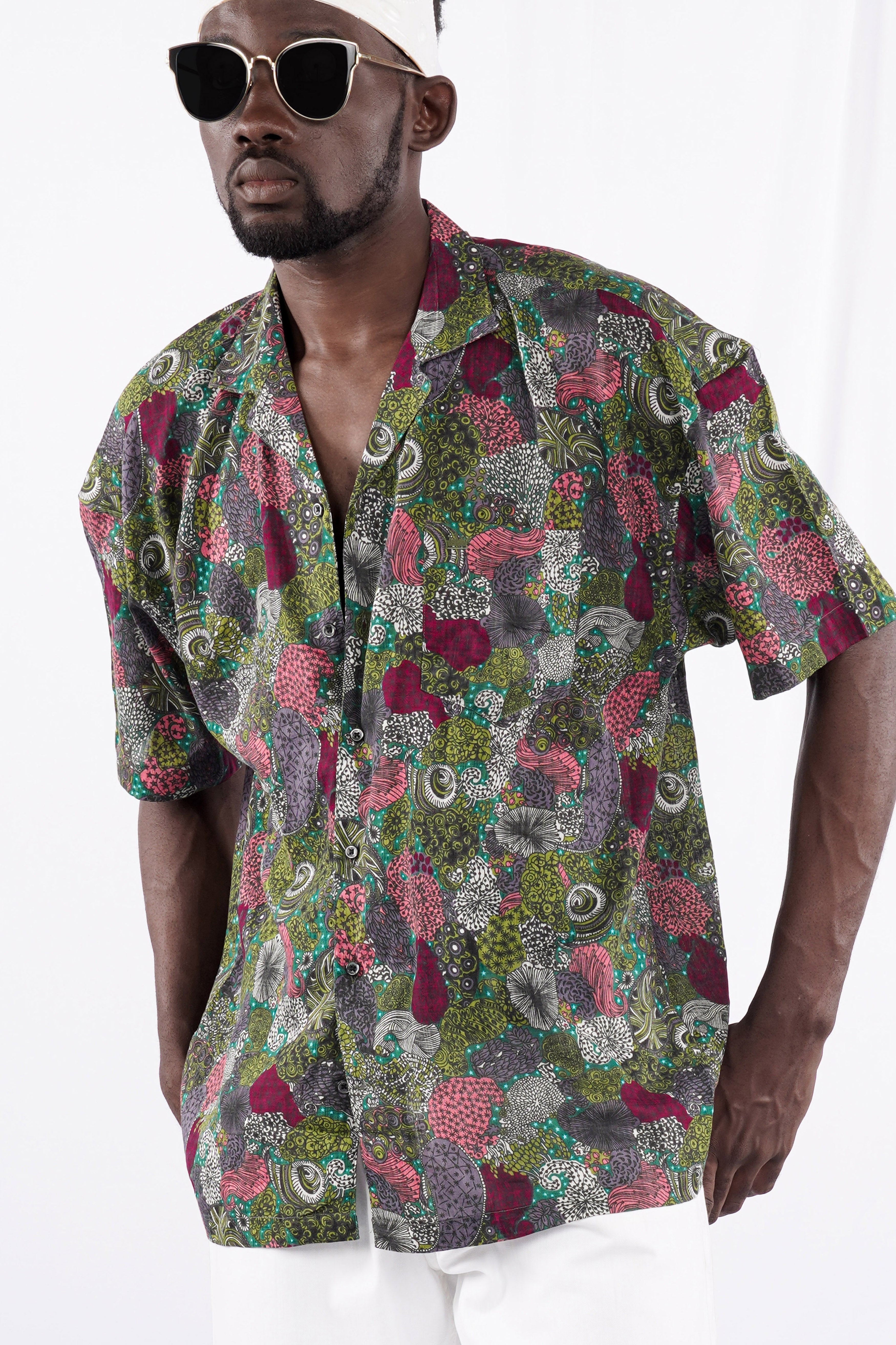 Sycamore Green with Deep Blush Pink Multicolour Funky Printed Lightweight Premium Cotton Oversized Shirt