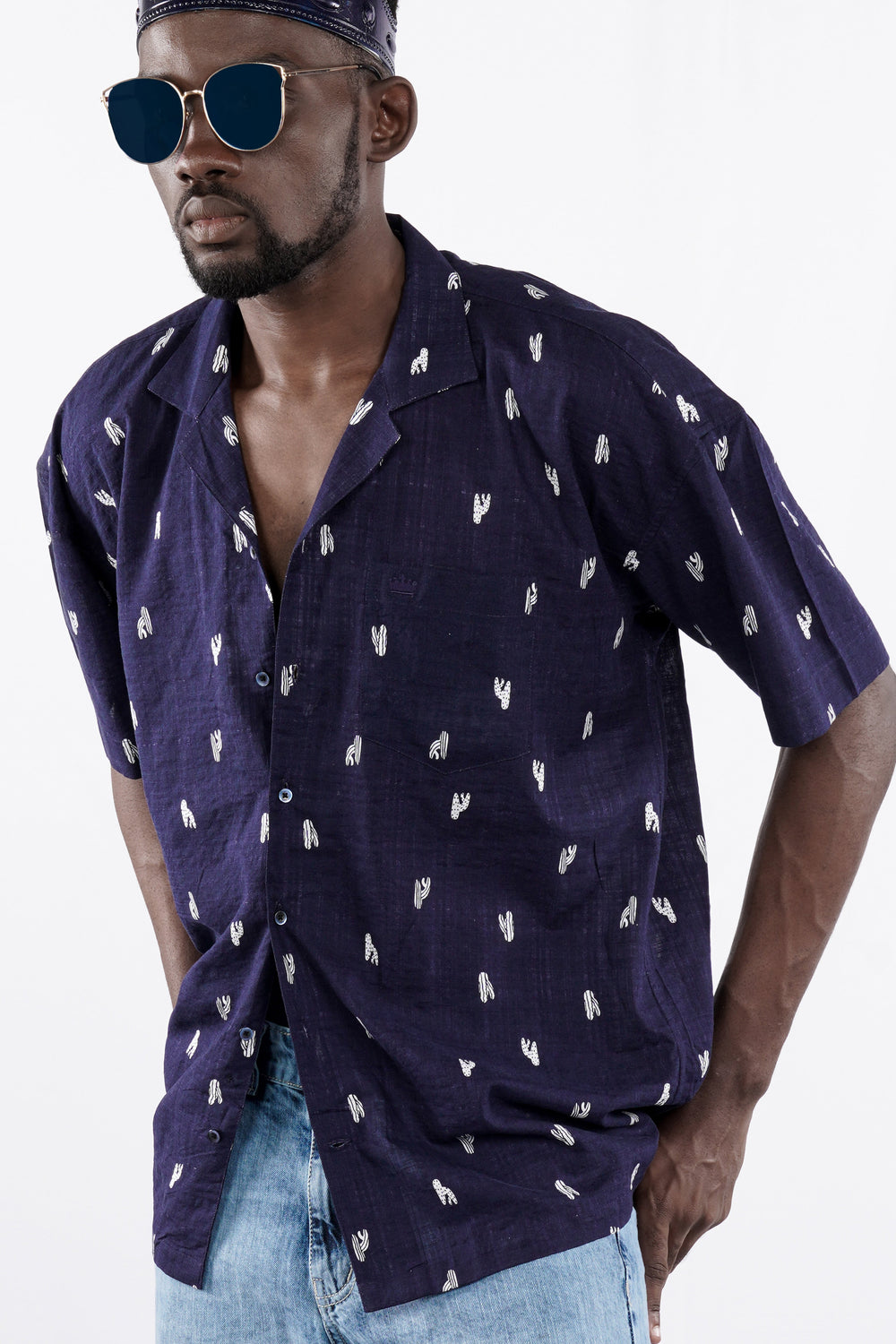 MIRAGE NAVY BLUE PRINTED LIGHTWEIGHT PREMIUM COTTON OVERSIZED SHIRT