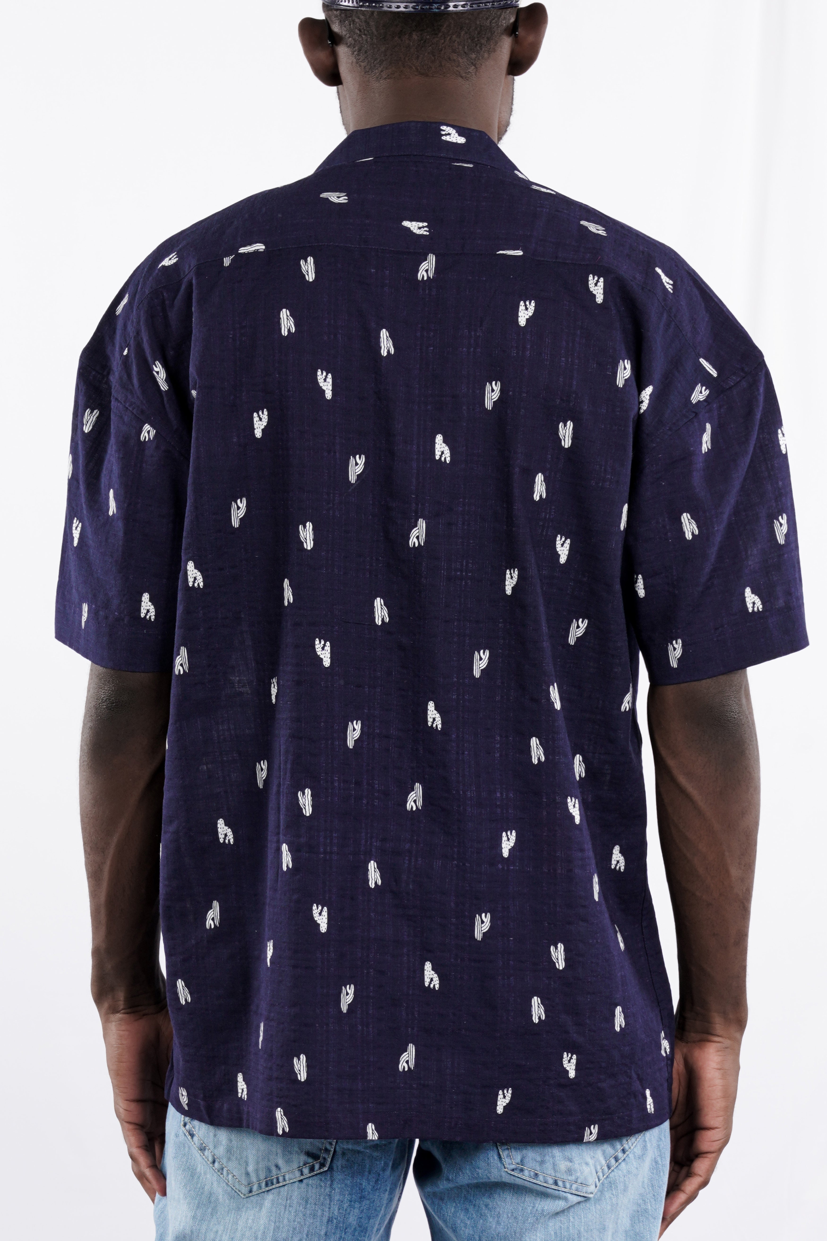 Mirage Navy Blue Printed Lightweight Premium Cotton Oversized Shirt