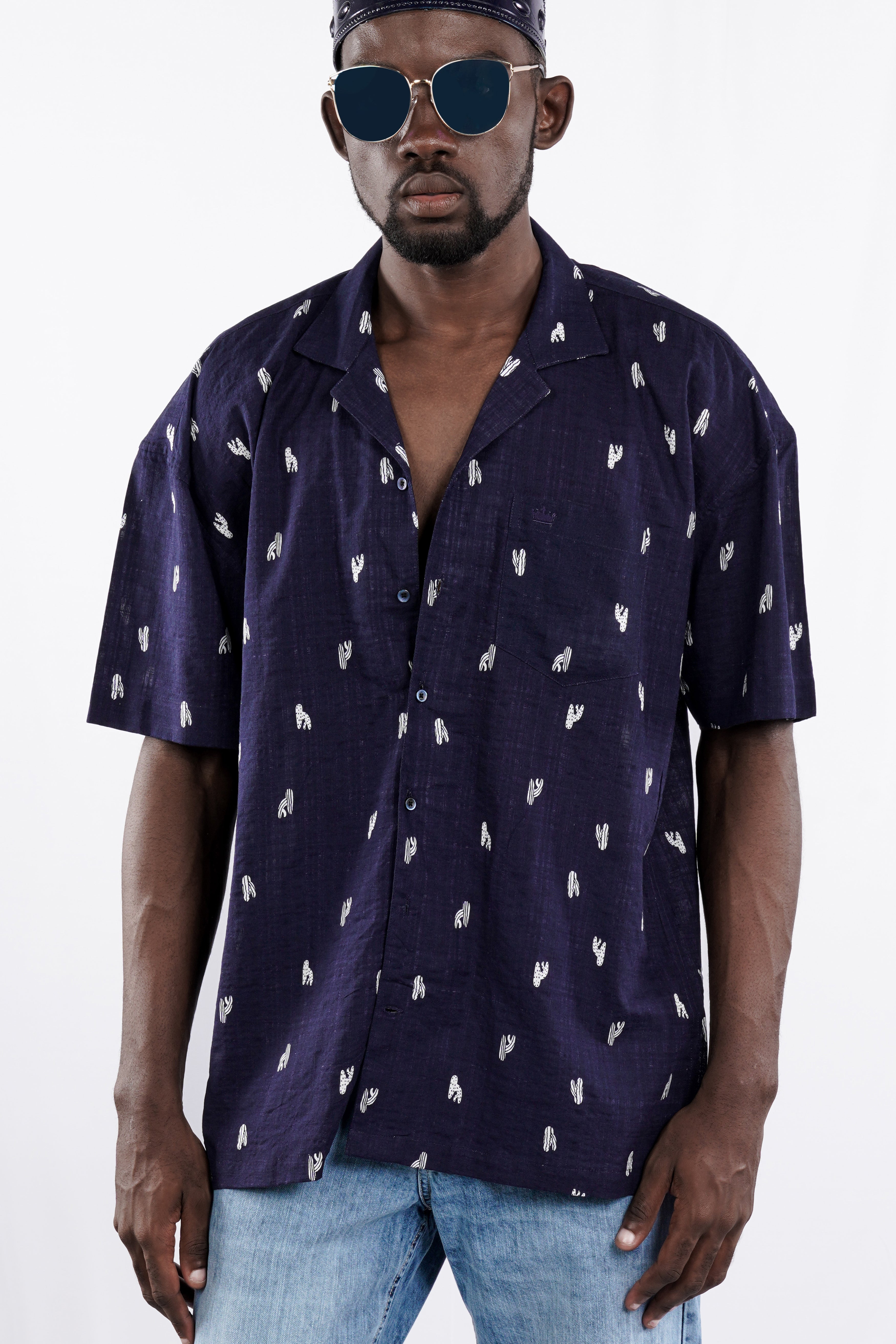 Mirage Navy Blue Printed Lightweight Premium Cotton Oversized Shirt