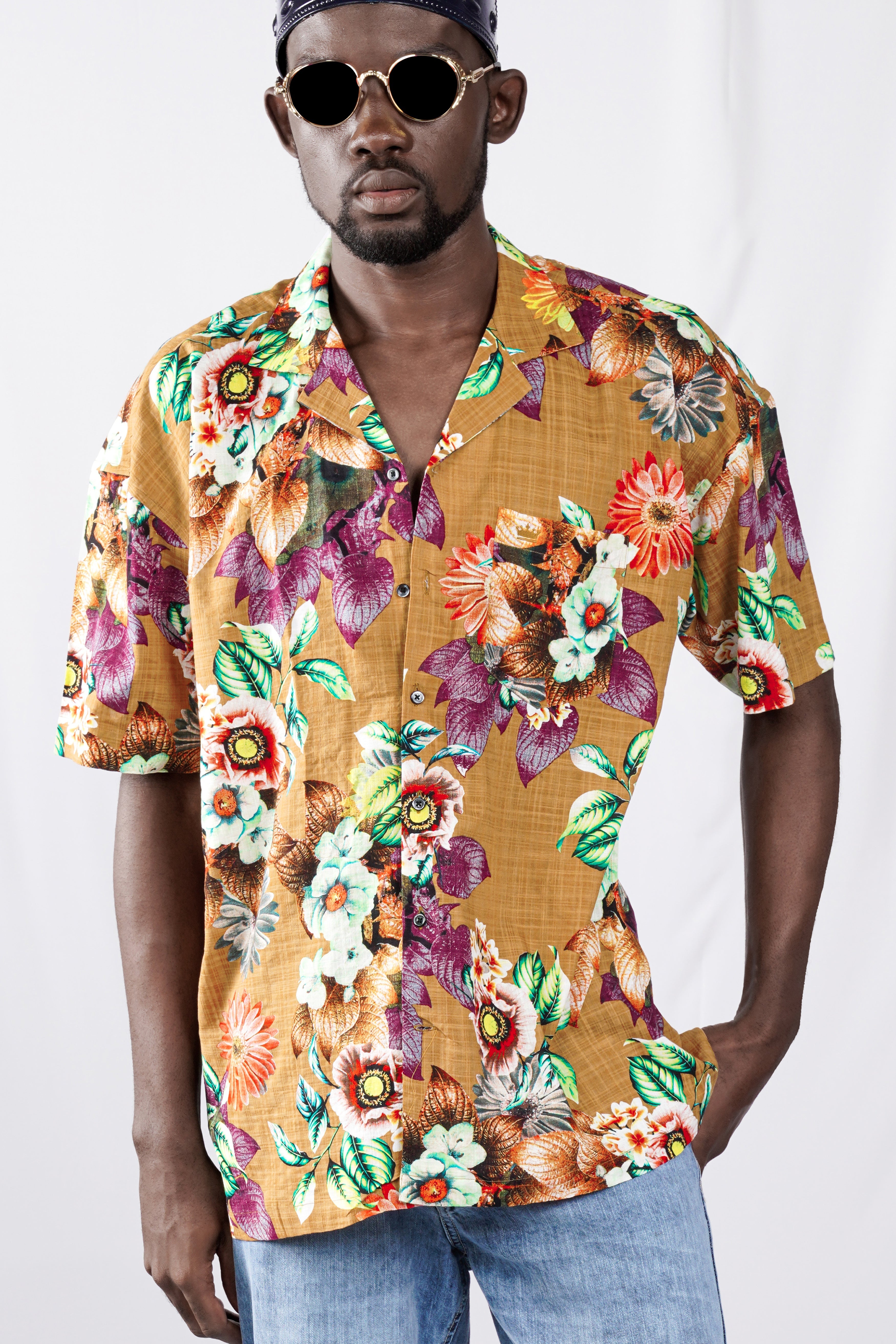 Tussock Brown Floral Printed Lightweight Premium Cotton Oversized Shirt