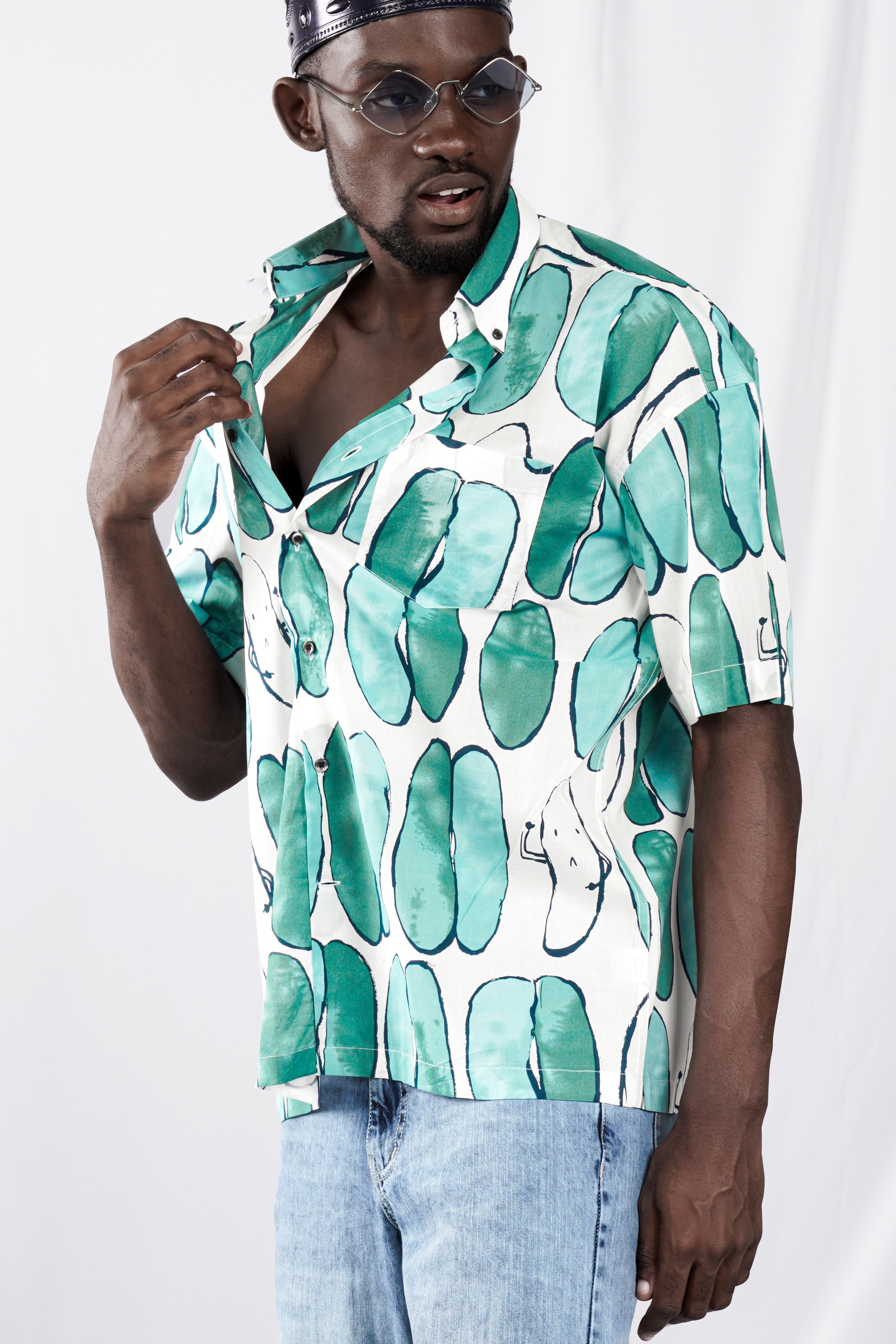 Bright White with Glacier Green Printed Lightweight Premium Cotton Oversized Shirt