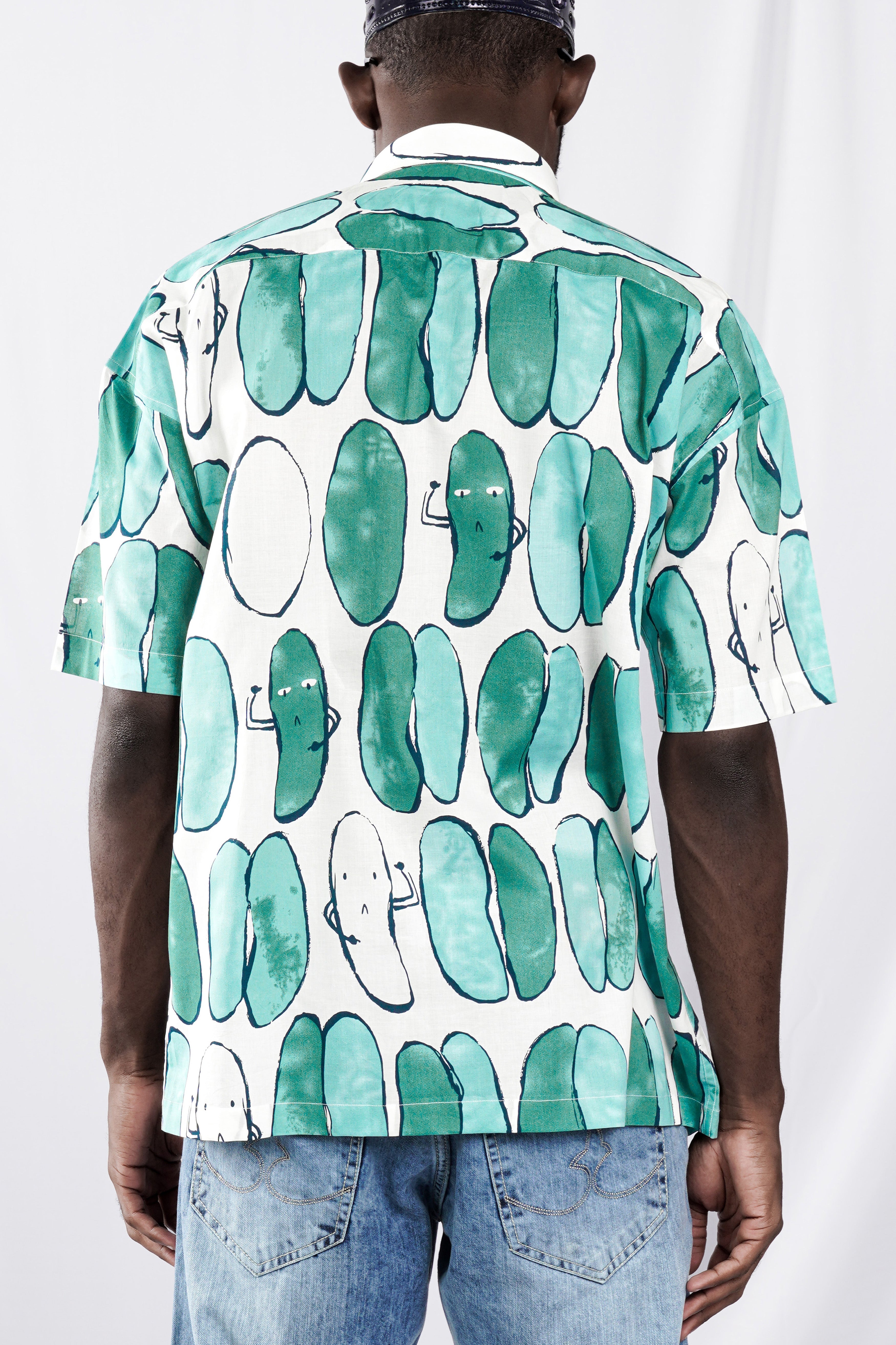 Bright White with Glacier Green Printed Lightweight Premium Cotton Oversized Shirt