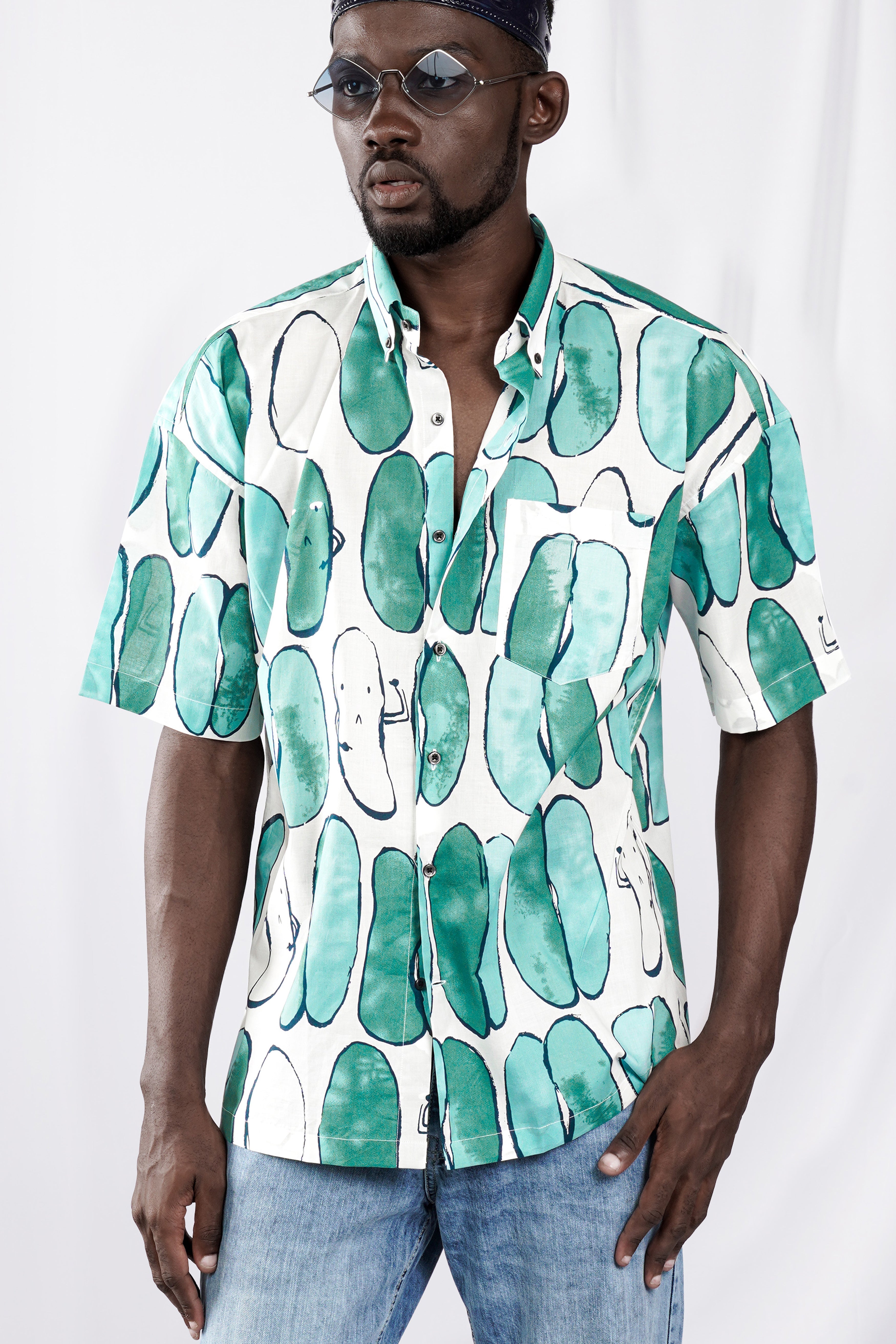 Bright White with Glacier Green Printed Lightweight Premium Cotton Oversized Shirt