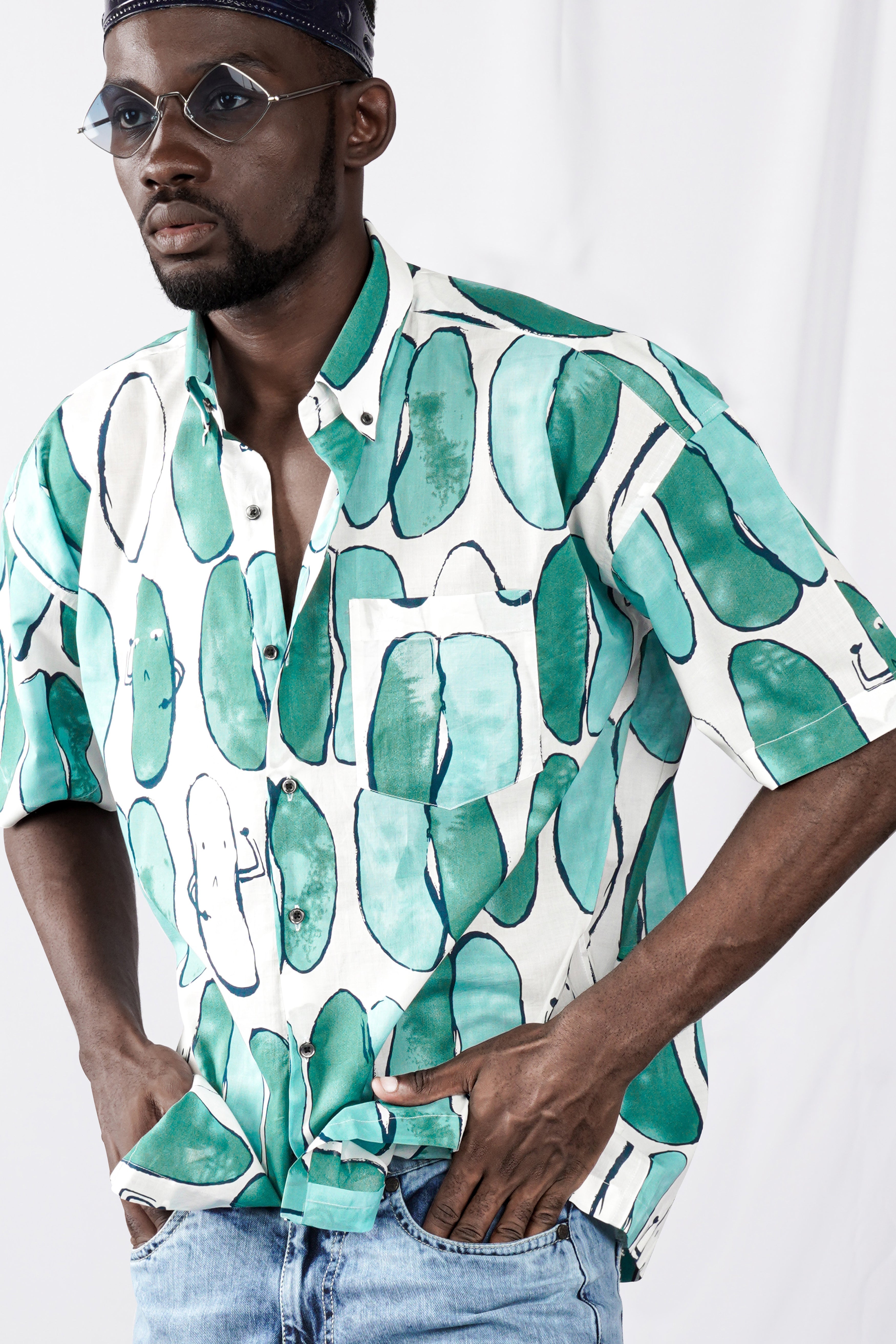 Bright White with Glacier Green Printed Lightweight Premium Cotton Oversized Shirt