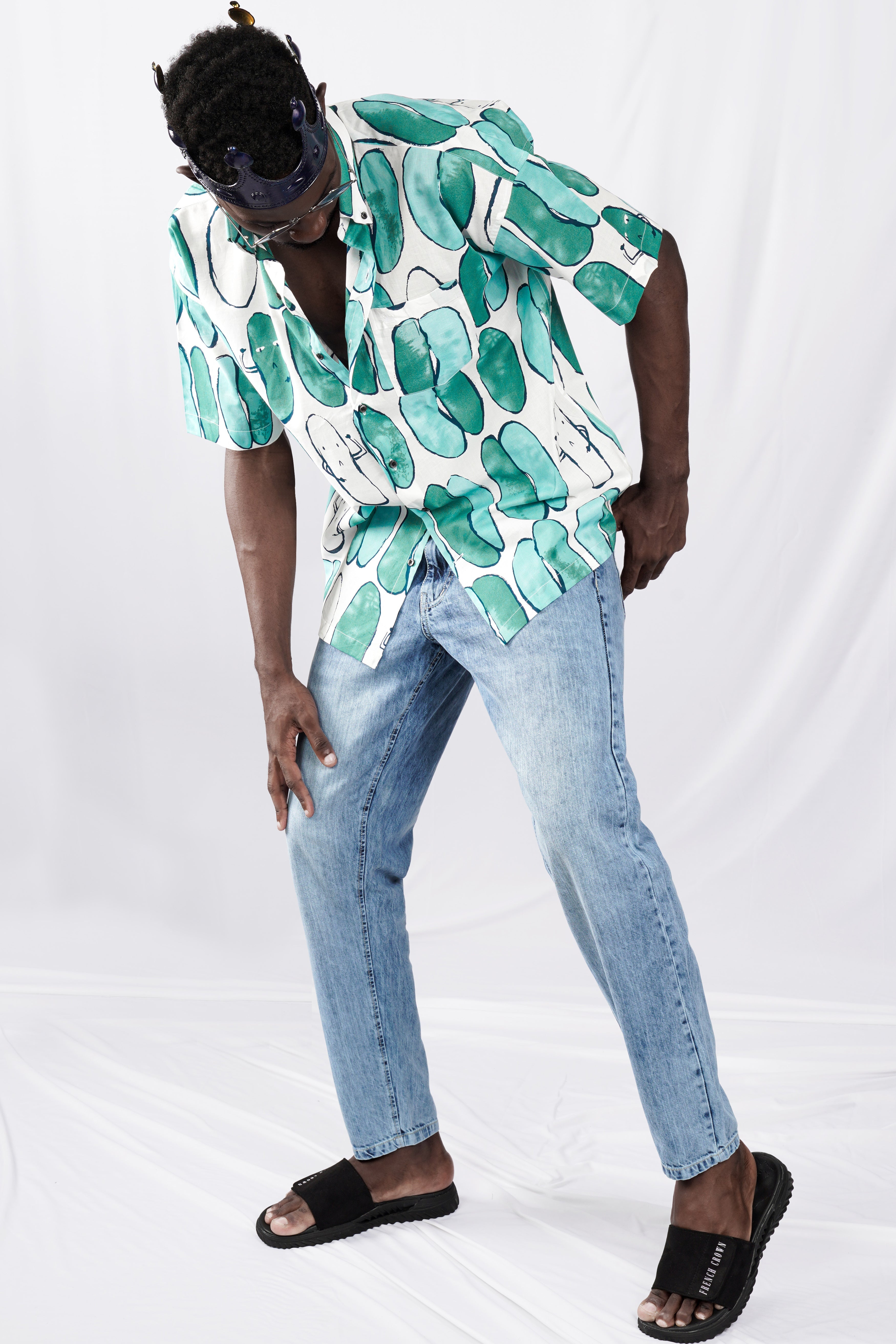 Bright White with Glacier Green Printed Lightweight Premium Cotton Oversized Shirt