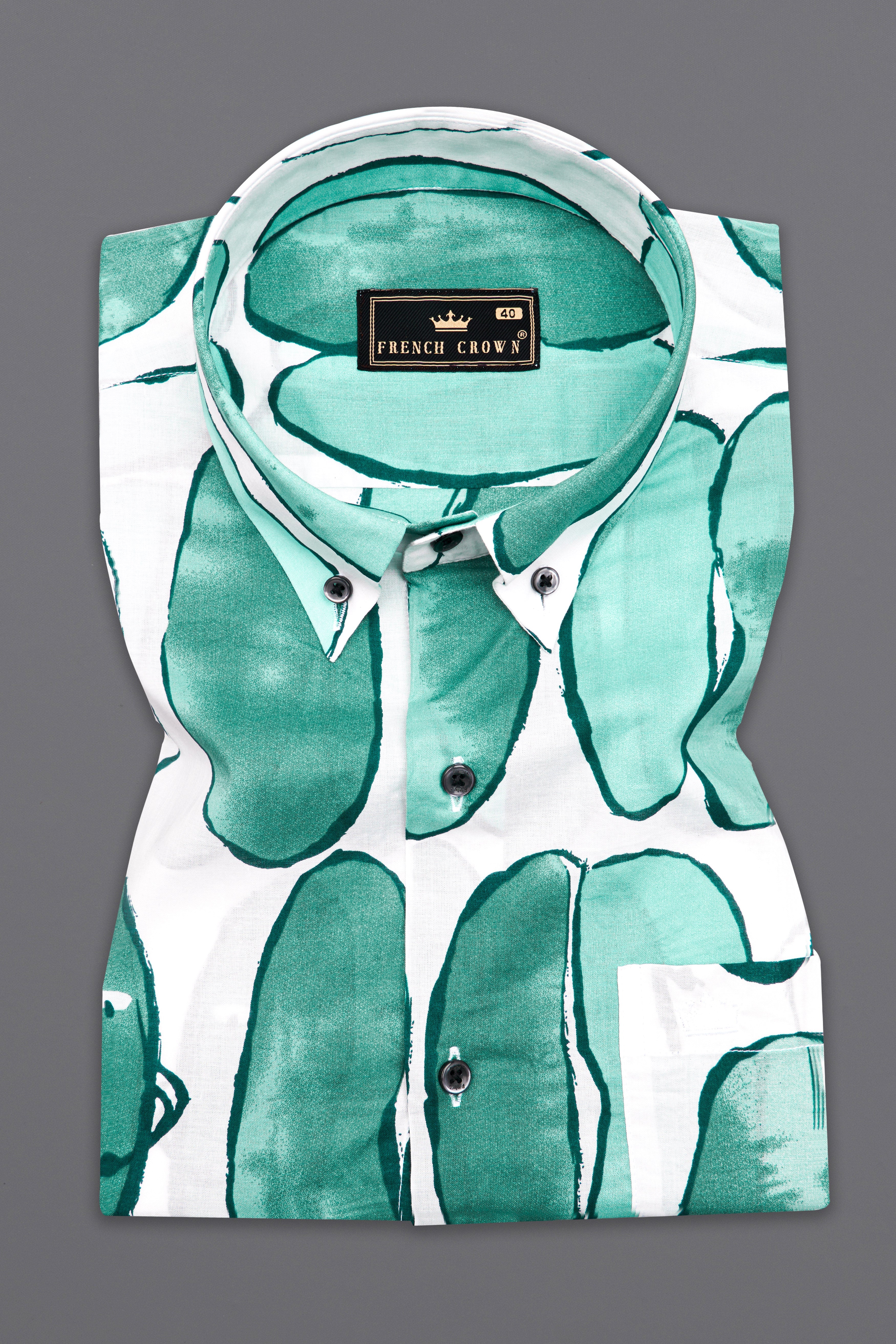 Bright White with Glacier Green Printed Lightweight Premium Cotton Oversized Shirt