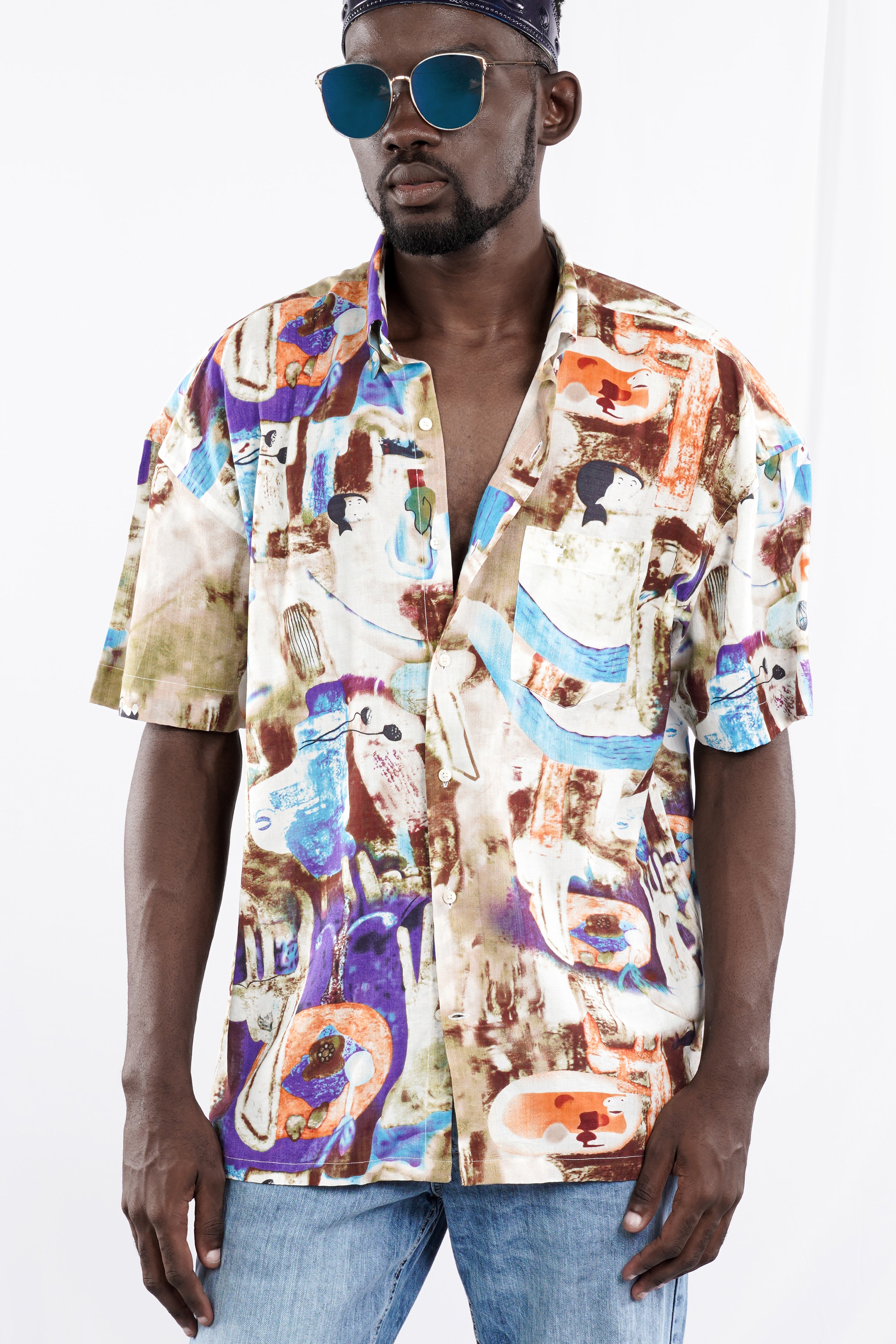 Bizarre Cream with Nutmeg Brown Funky Printed Lightweight Premium Cotton Oversized Shirt