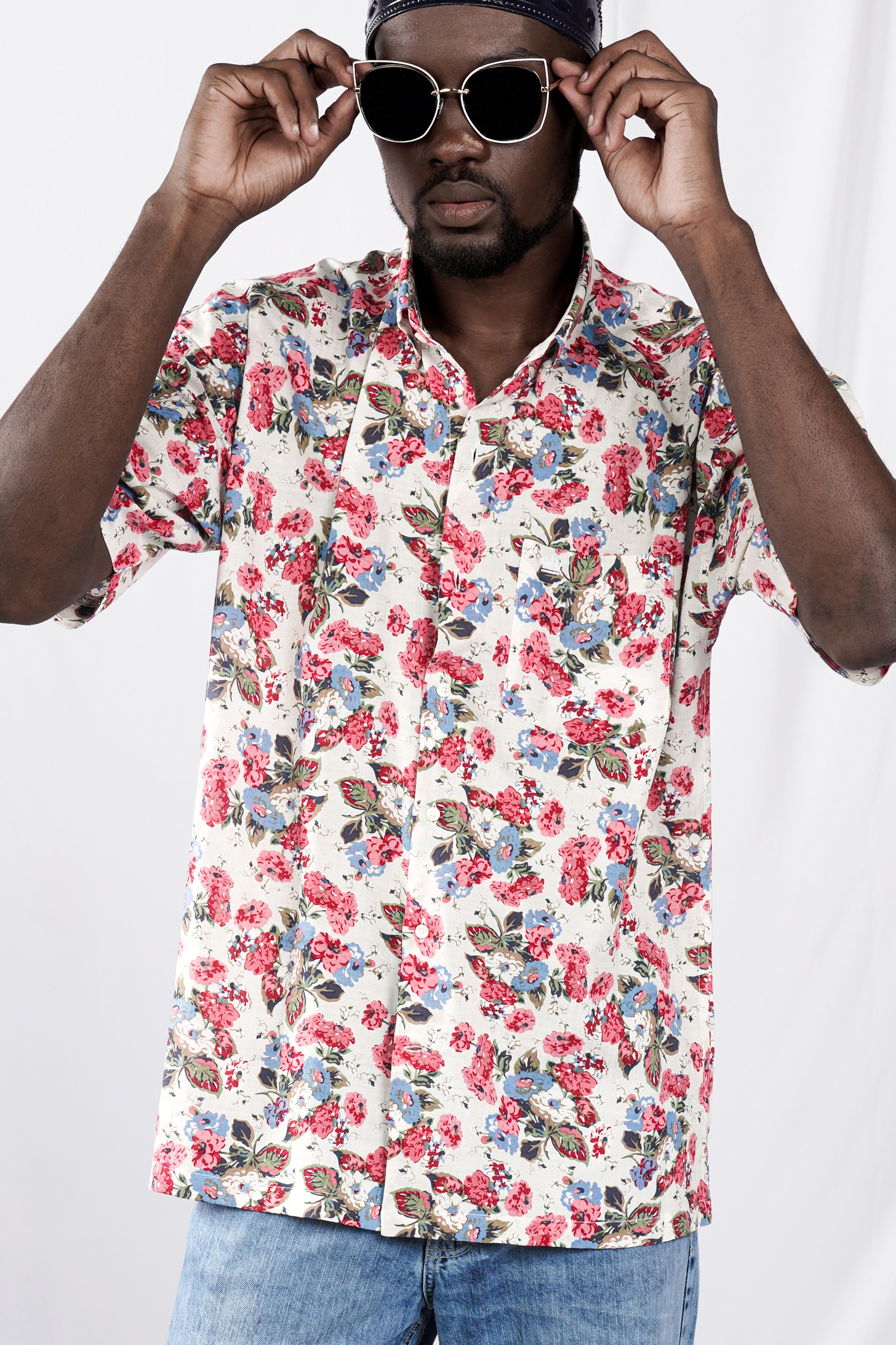 Merino Cream and Cardinal Red Floral Printed Lightweight Premium Cotton Oversized Shirt