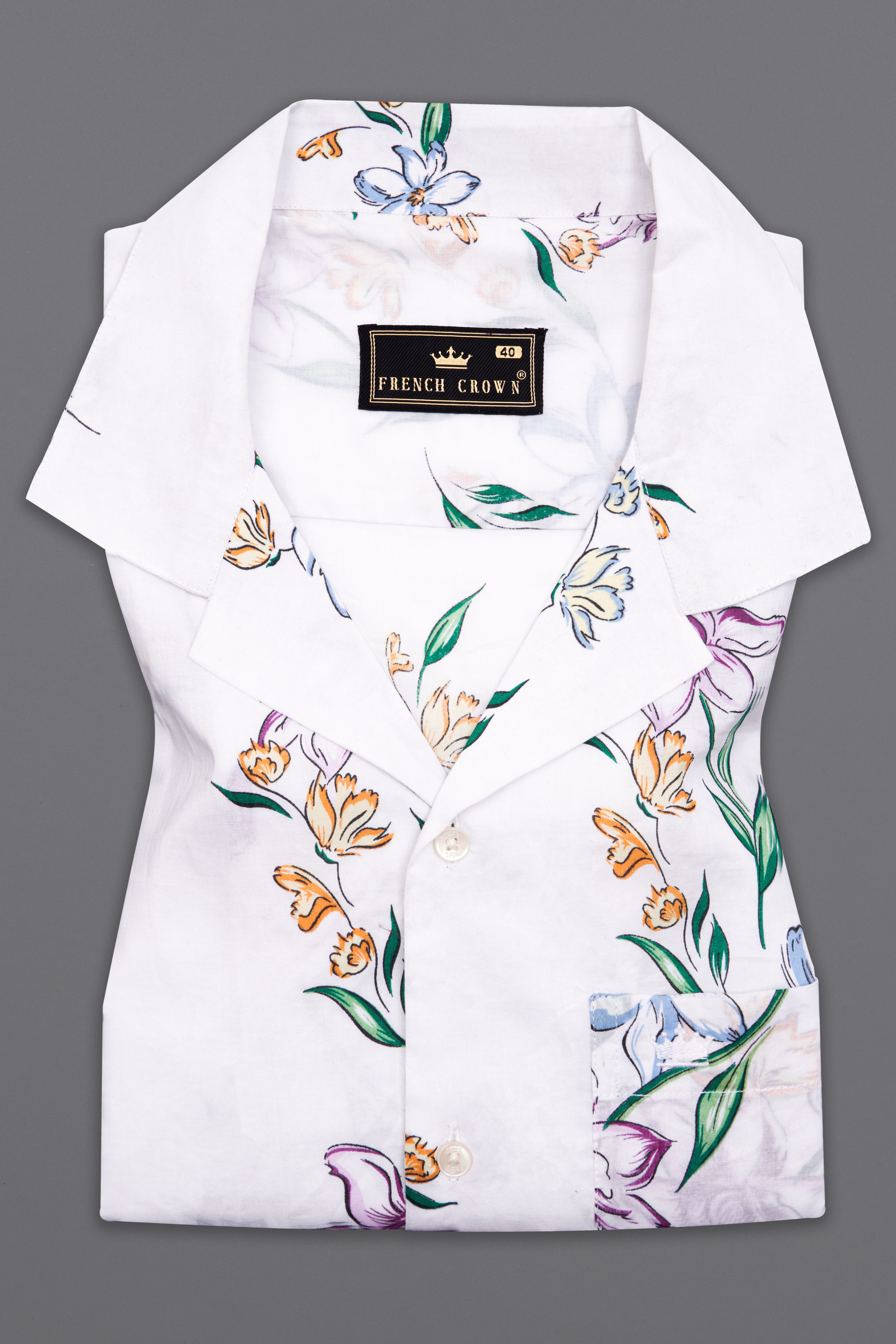 Bright White with Leaf Green and Plum Pink Floral Printed Premium Cotton Designer Shirt