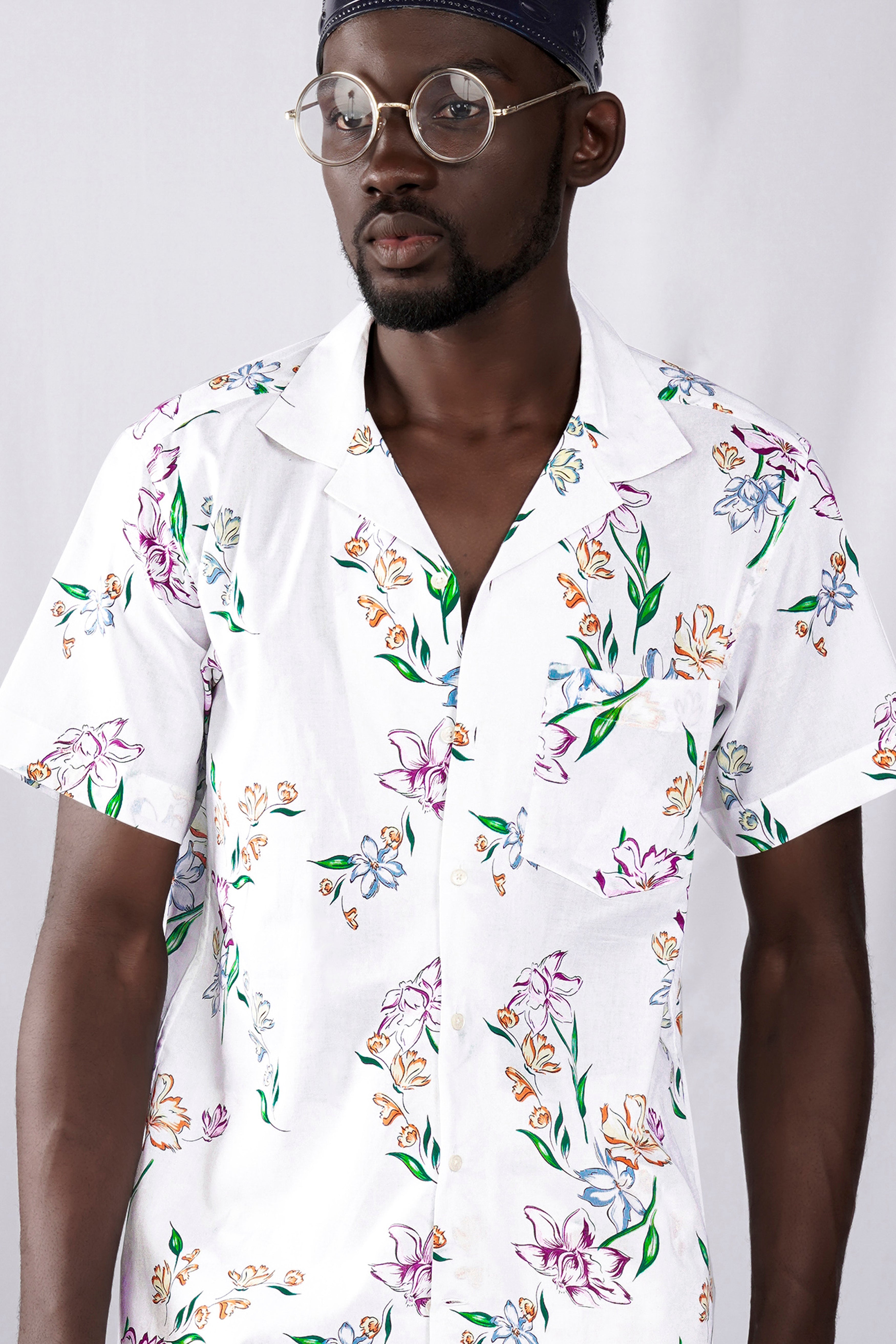 Bright White with Leaf Green and Plum Pink Floral Printed Premium Cotton Designer Shirt