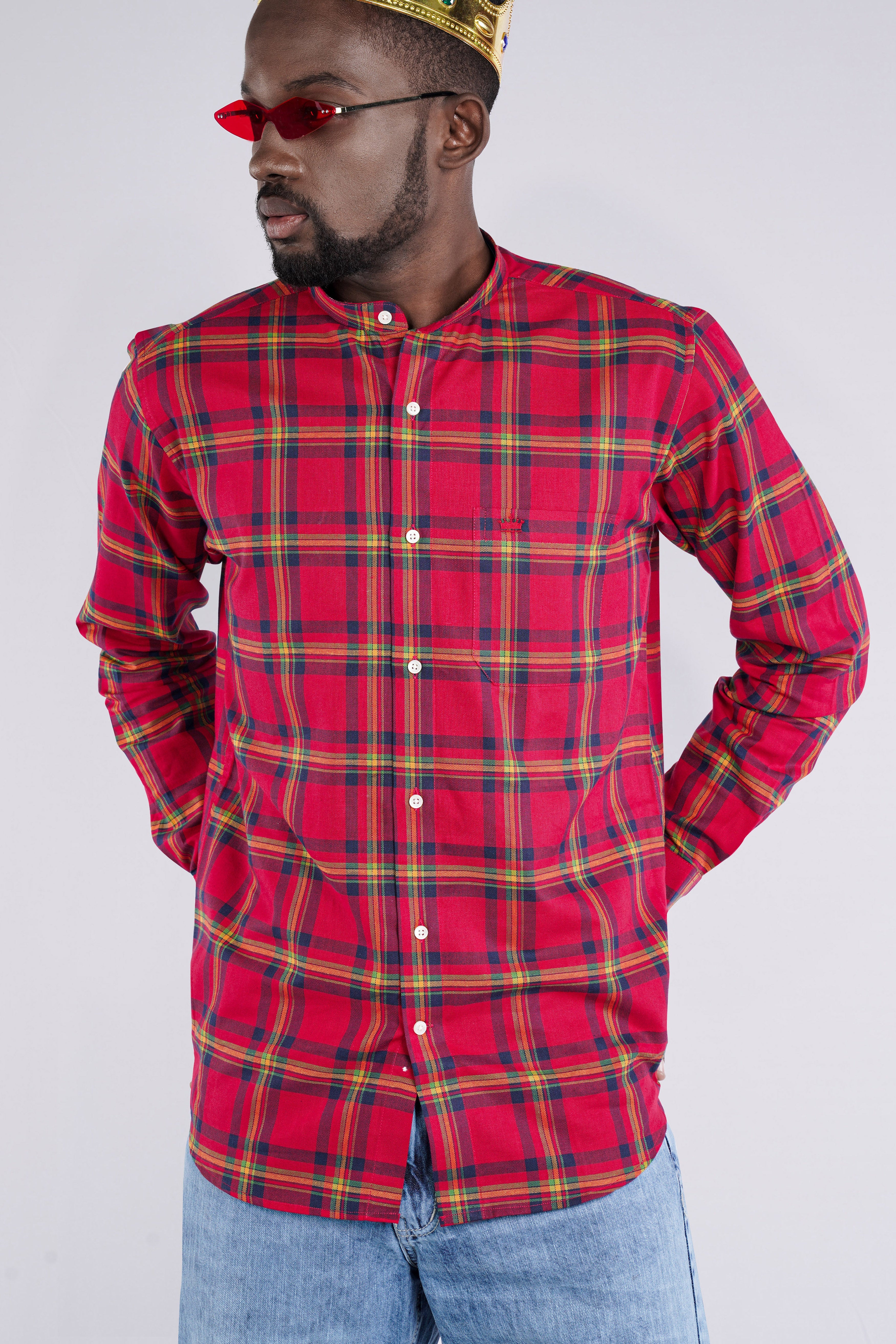 Crimson Red and Martinique Blue Plaid Royal Oxford Shirt