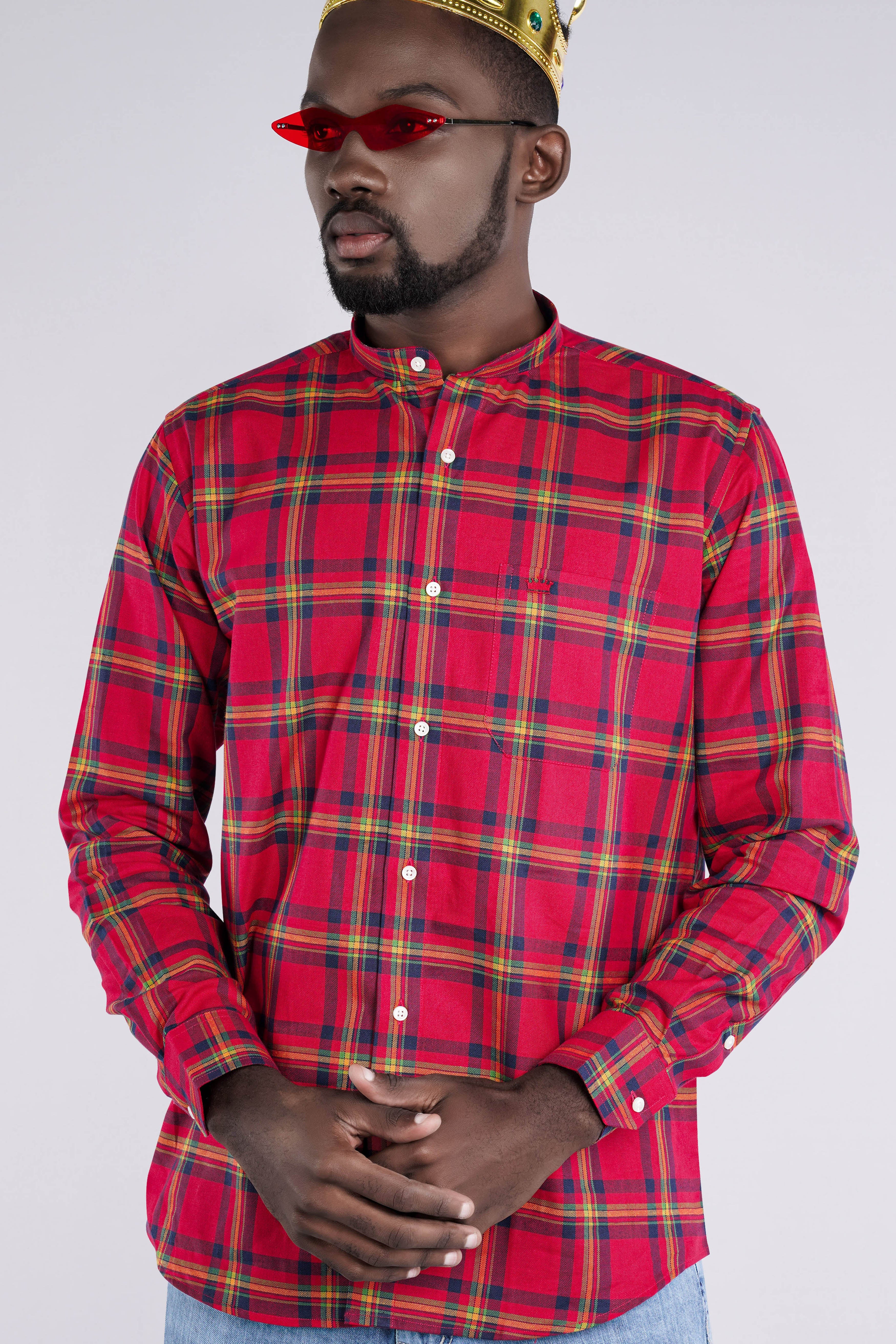 Crimson Red and Martinique Blue Plaid Royal Oxford Shirt