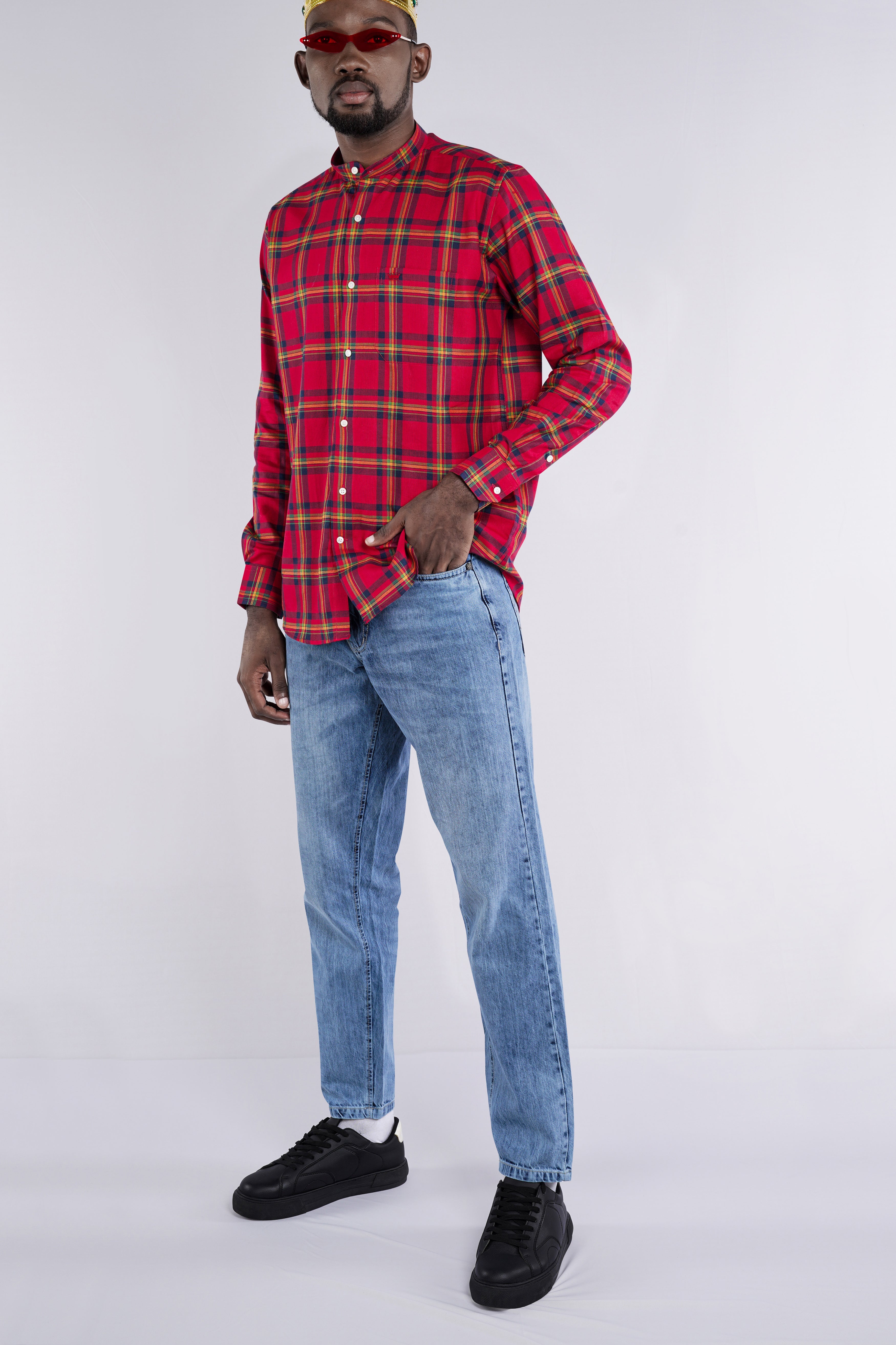 Crimson Red and Martinique Blue Plaid Royal Oxford Shirt