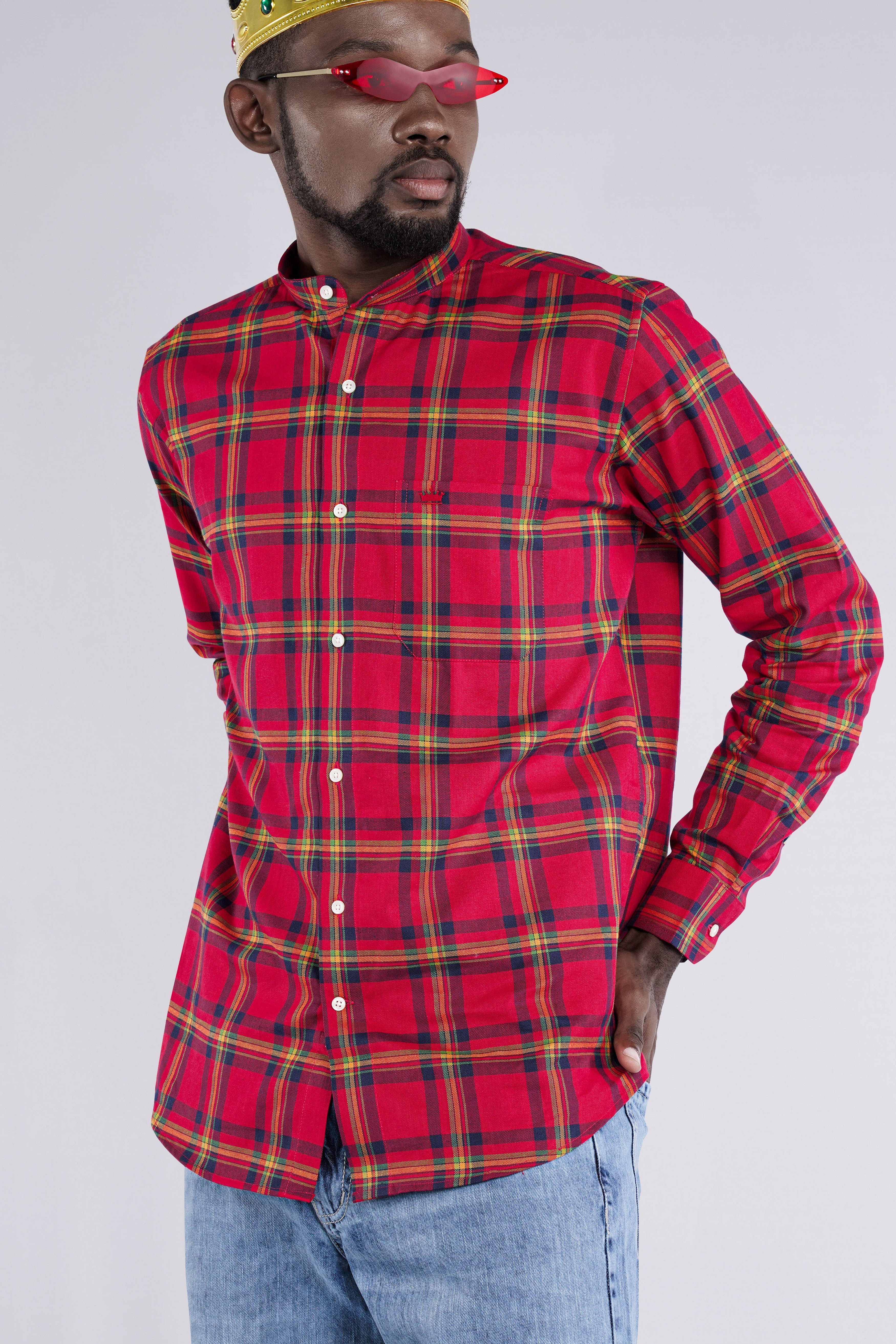 Crimson Red and Martinique Blue Plaid Royal Oxford Shirt