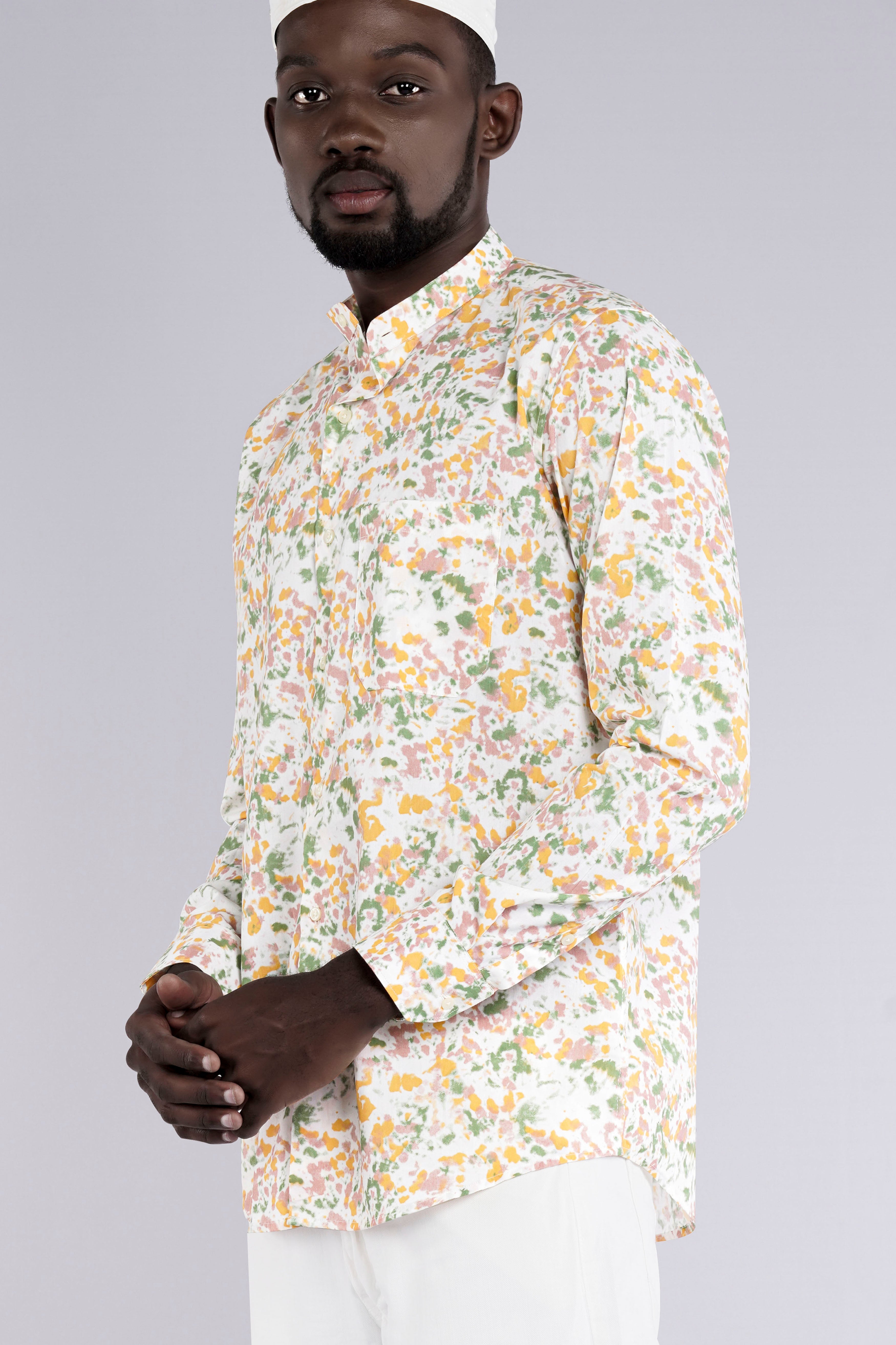 Bright White with Pale Yellow Multicolour Printed Chambray Shirt