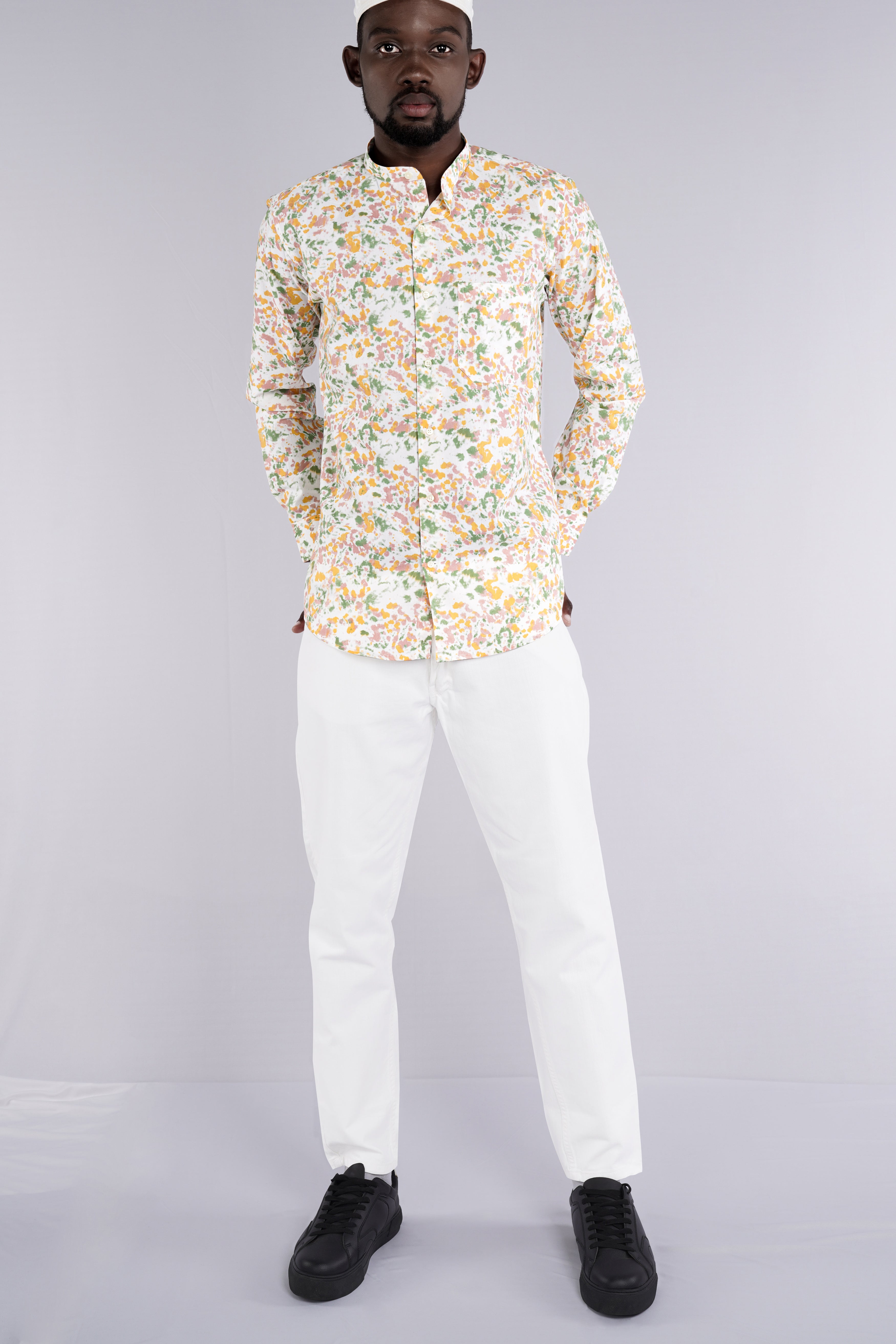 Bright White with Pale Yellow Multicolour Printed Chambray Shirt